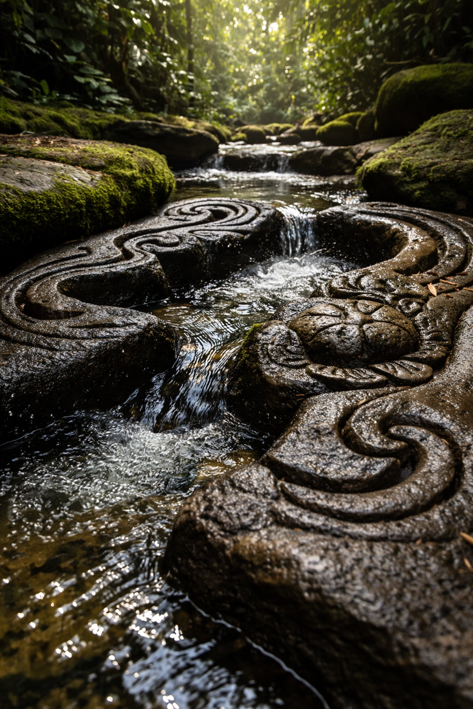 Fuente de Lavapatas sacred stone carvings with water flowing through ancient channels in San Agustín