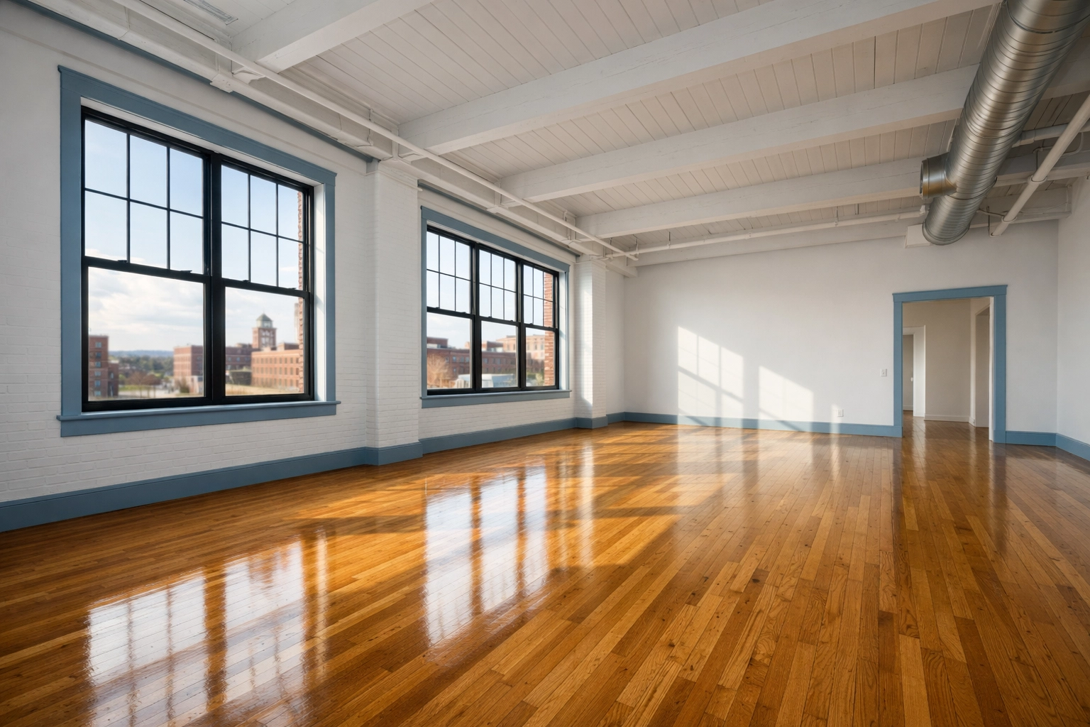 Clean empty Worcester loft with polished floors after a move-out cleaning Worcester.