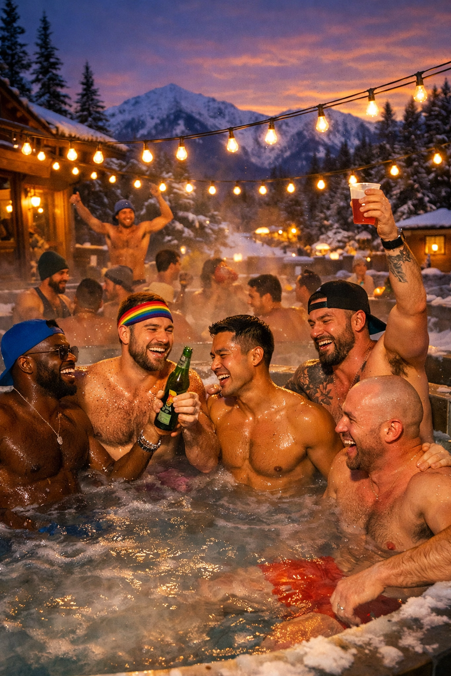 Gay ski week après-ski hot tub party at mountain resort with festive atmosphere