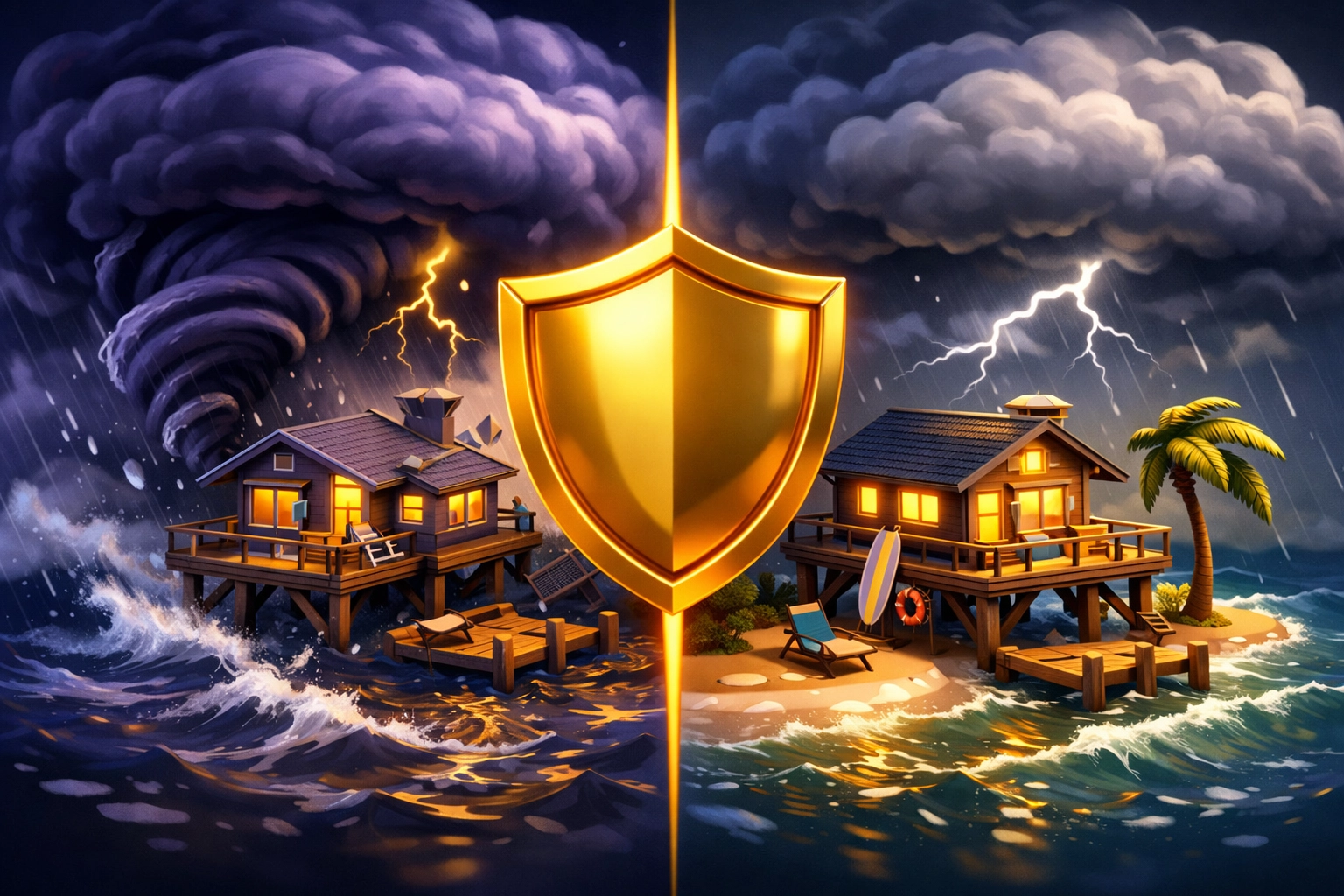 Texas coastal home protected from hurricane clouds, illustrating TWIA 1-in-50 storm probability and coverage.