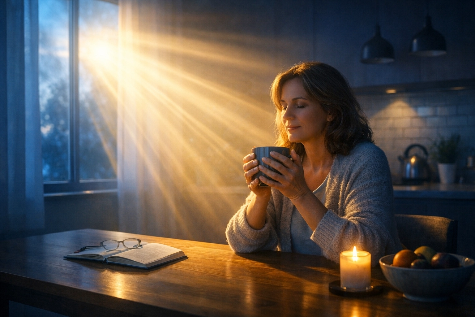 A Christian caregiver pauses for a quiet moment of prayer and reflection, finding strength in God's grace.