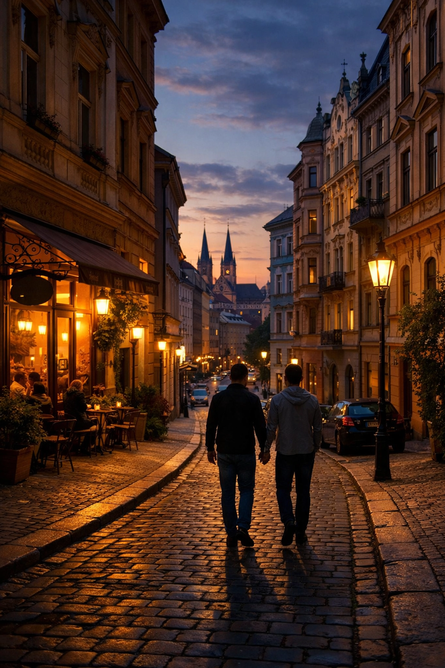 Gay couple holding hands in Prague's Vinohrady neighborhood after fleeing persecution