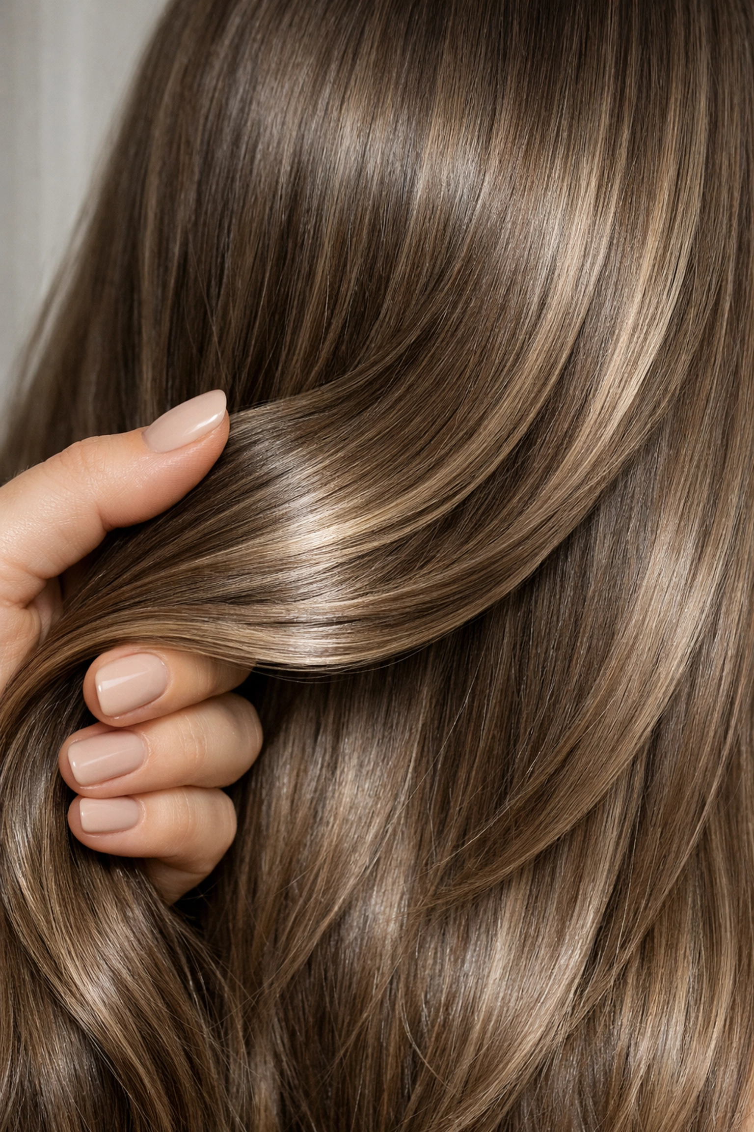 Healthy, shiny mushroom brown hair with beige babylights from a professional Concord hair salon.
