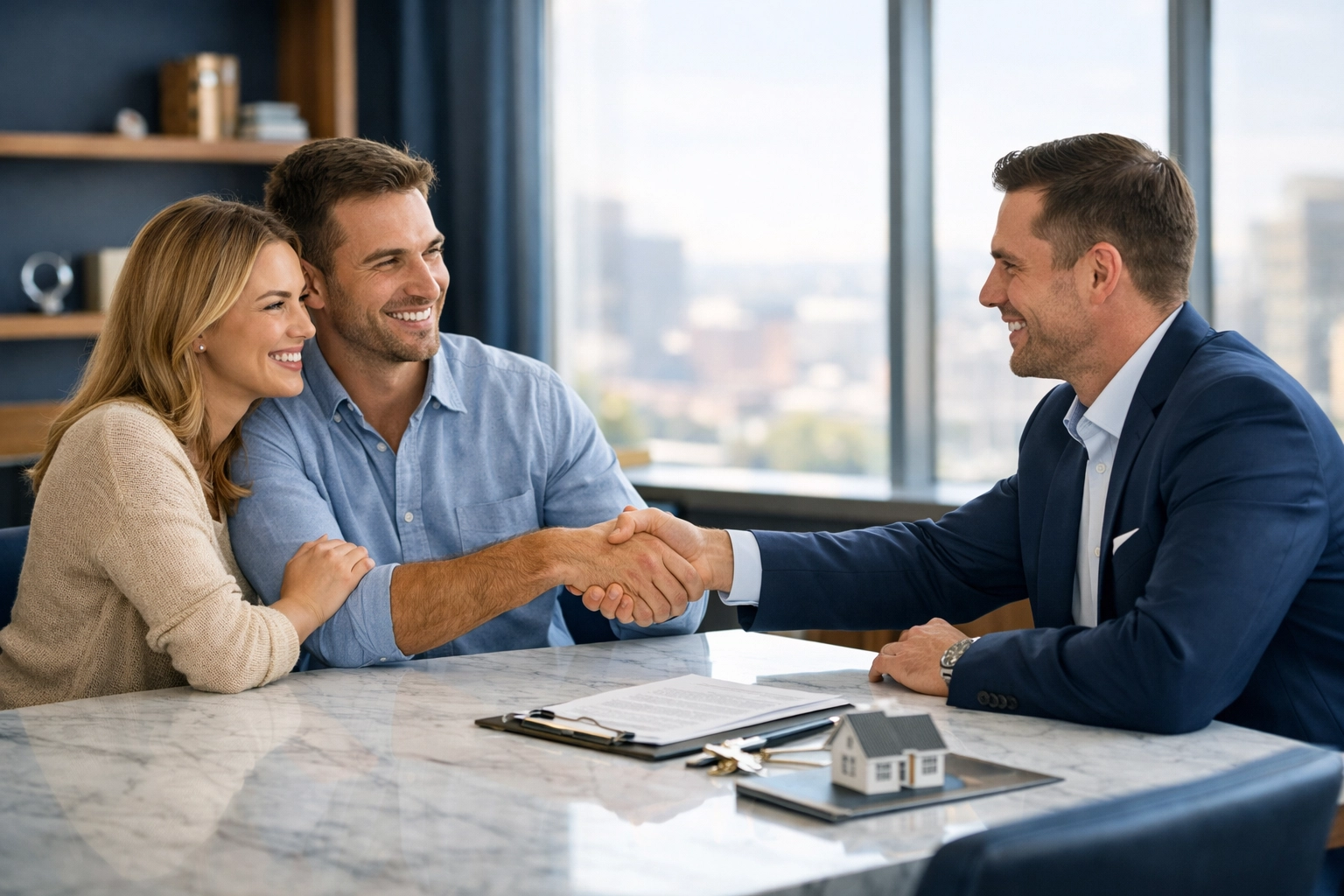 Homebuyers shaking hands with an Independence Title expert during a secure real estate closing.