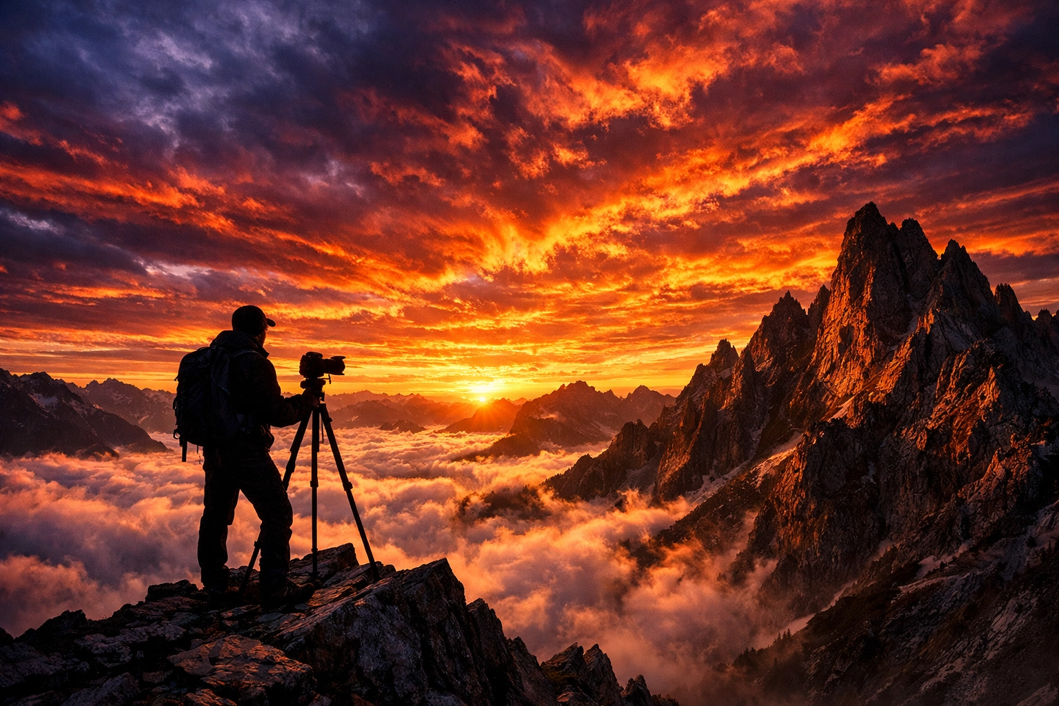 Professional landscape photographer silhouetted on a mountain ridge during a majestic sunset.