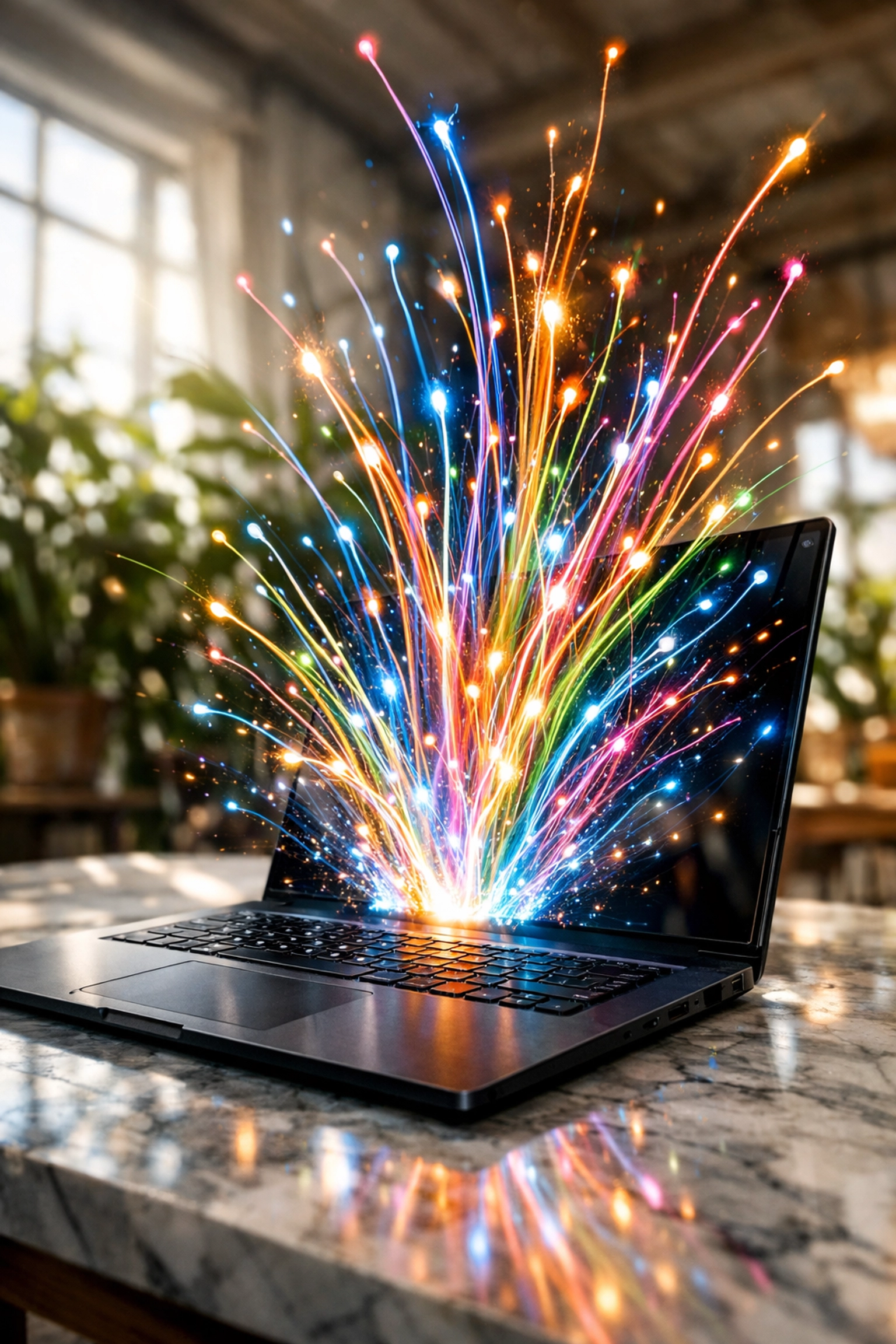 Digital growth and connectivity signals emerging from a laptop to represent AI automation for small business.