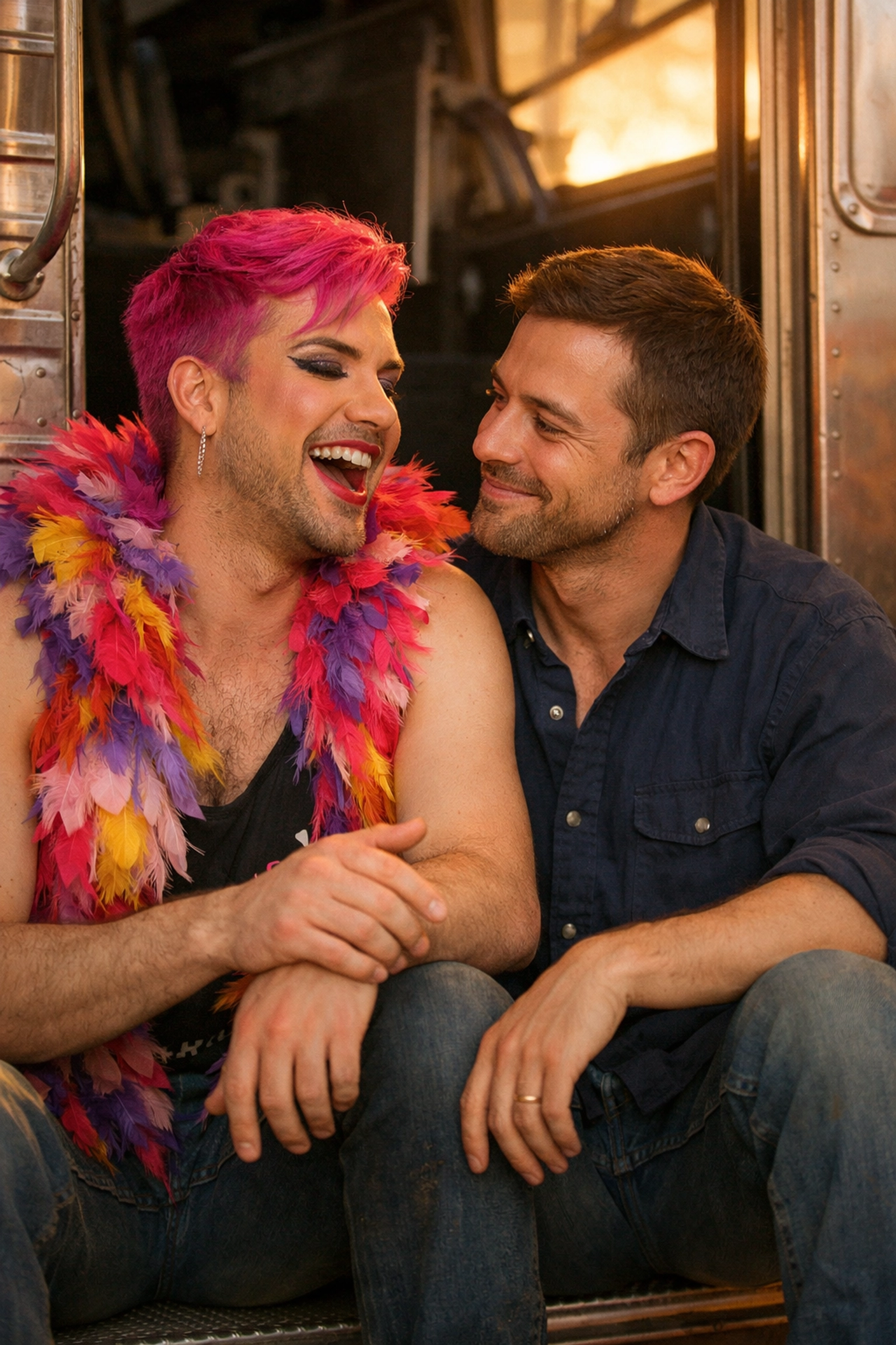 Flamboyant and introverted men on a tour bus at sunset, reflecting the extravagant x introverted MM romance trope.