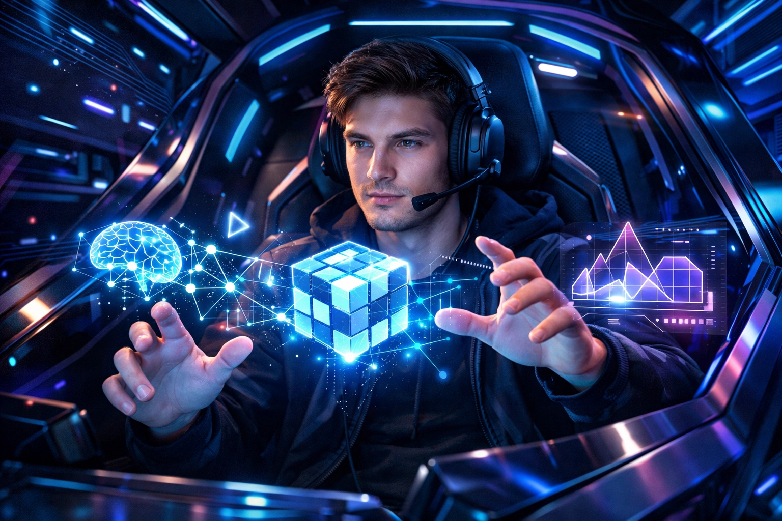 Gen Z gamer interacting with holographic AI interfaces inside a branded gaming pod for creative co-creation.