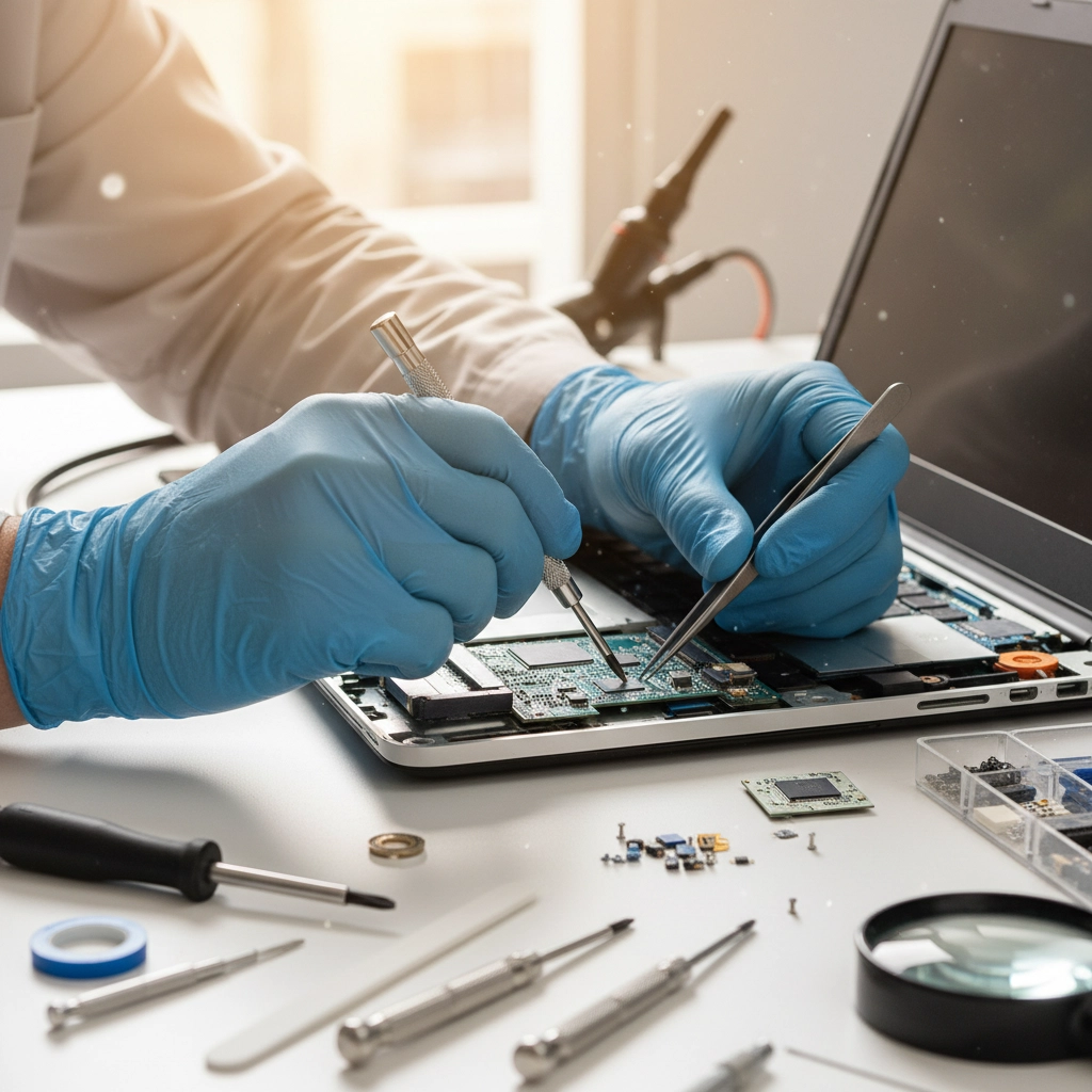 an individual repairing a broken laptop with a selection of tools