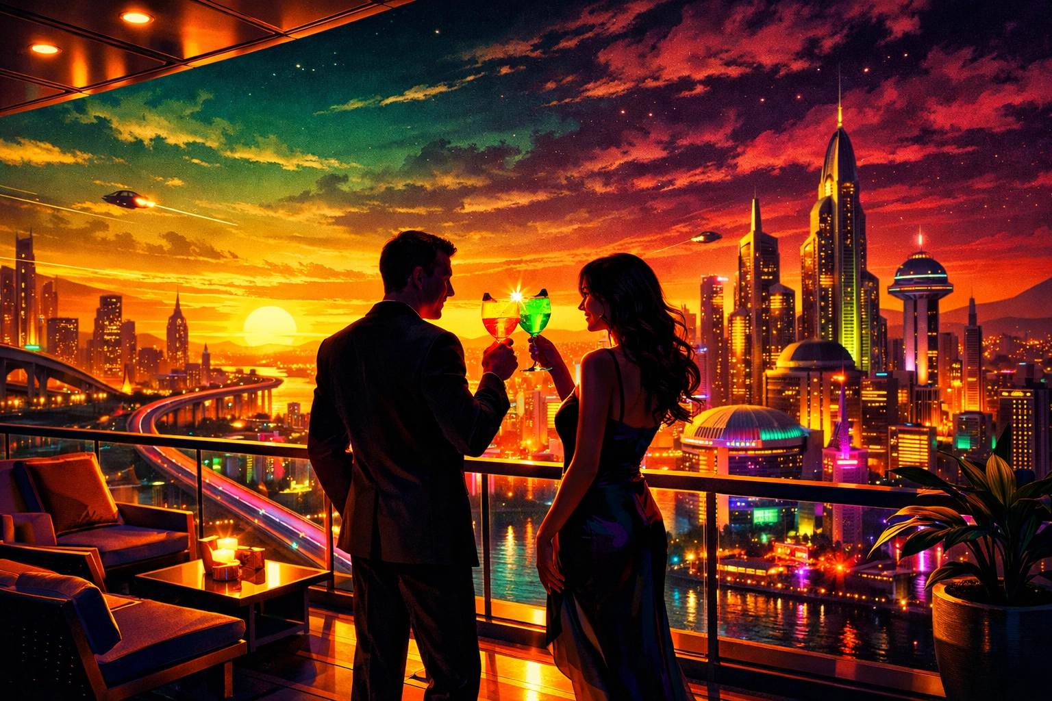 Two people clinking cocktails on a glowing futuristic balcony overlooking a sunset city skyline.