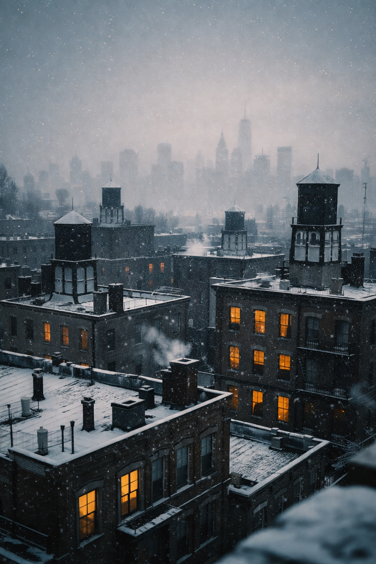 Snowy Williamsburg rooftop scene on a quiet Sunday, highlighting relaxed weekends and Brooklyn mobile repair options