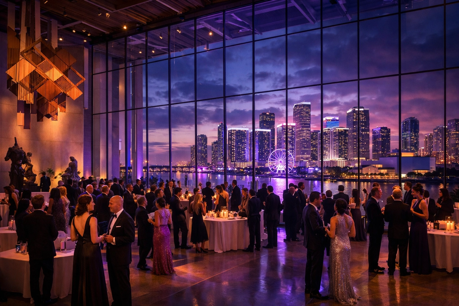 Corporate event photographer Miami capturing a wide-angle gala shot in a modern museum.