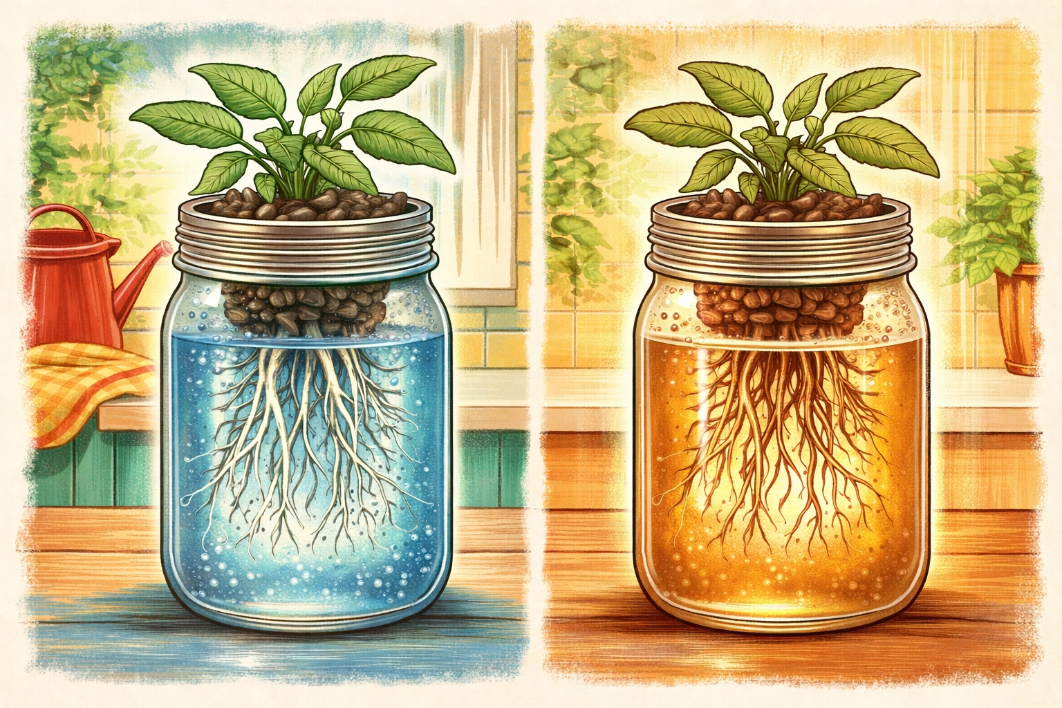 Whimsical image comparing plant health in cold vs. warm water hydroponics, highlighting oxygen levels by jar color and bubbles.