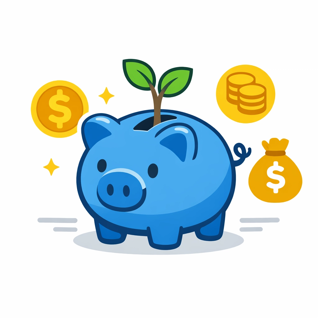 Blue piggy bank with a sprouting plant symbolizing retirement savings growth and 2026 tax update strategies.