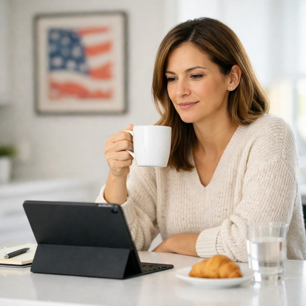 A woman reading a daily patriotic letter on her tablet to strengthen her civic values and leadership.