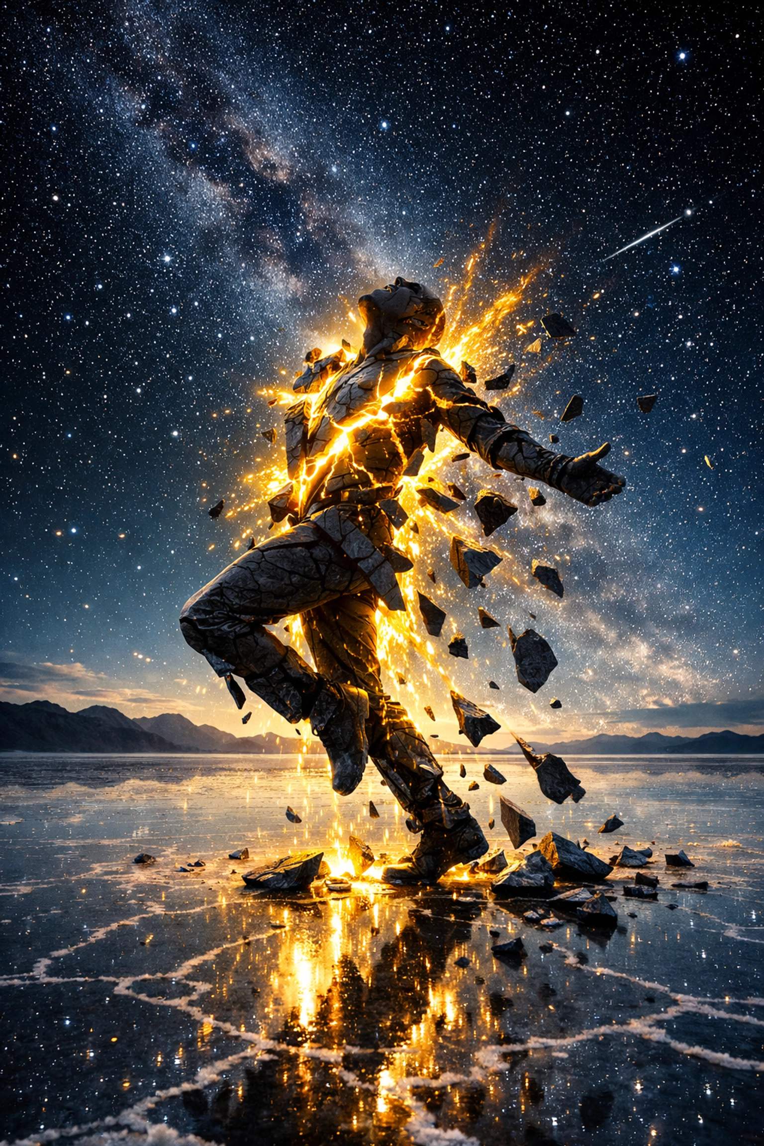 Conceptual art showing somatic release as a person sheds stored stress like a shell to reveal inner vitality.