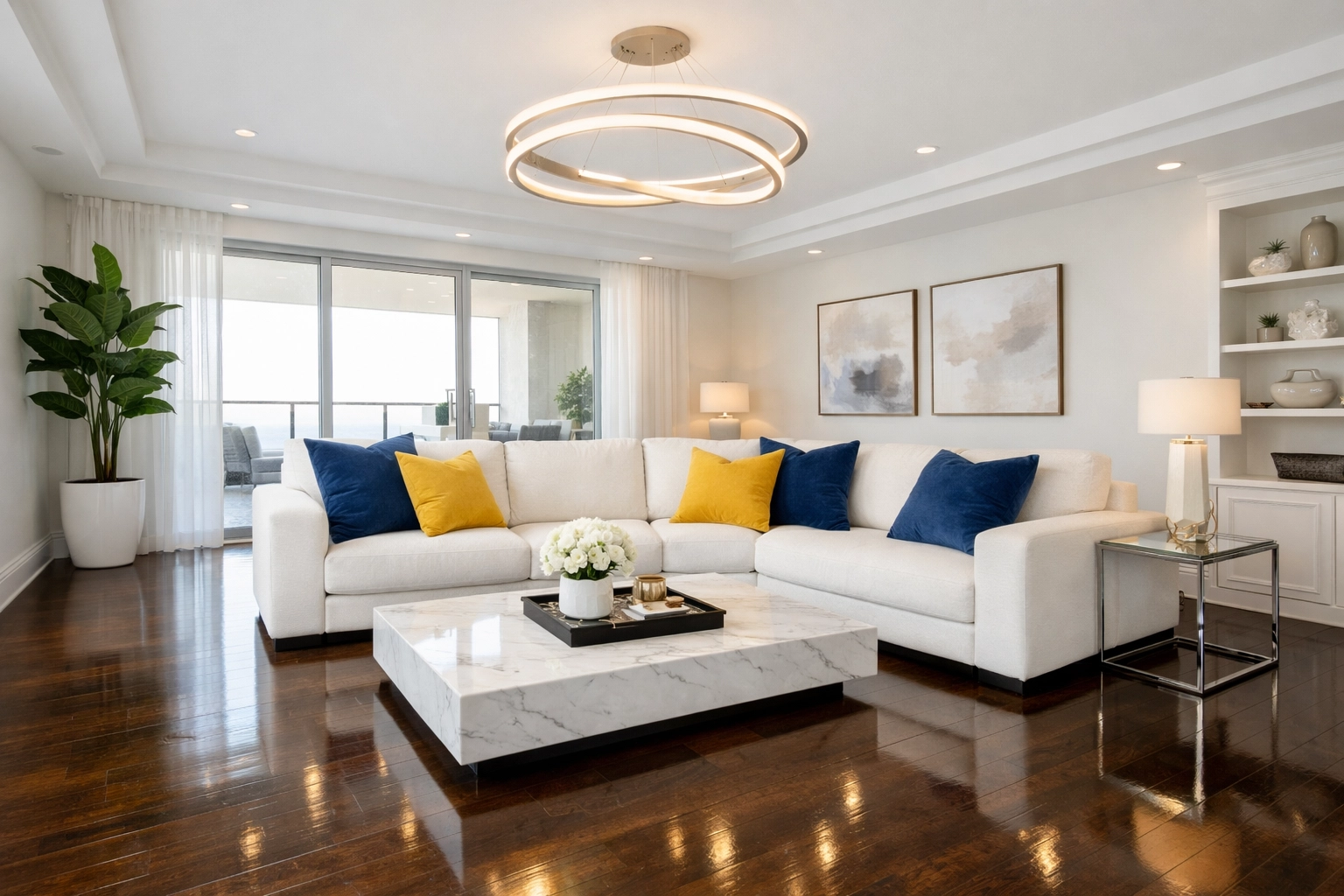 Dust-free living room with polished hardwood floors after a thorough Deep Cleaning Westborough service.