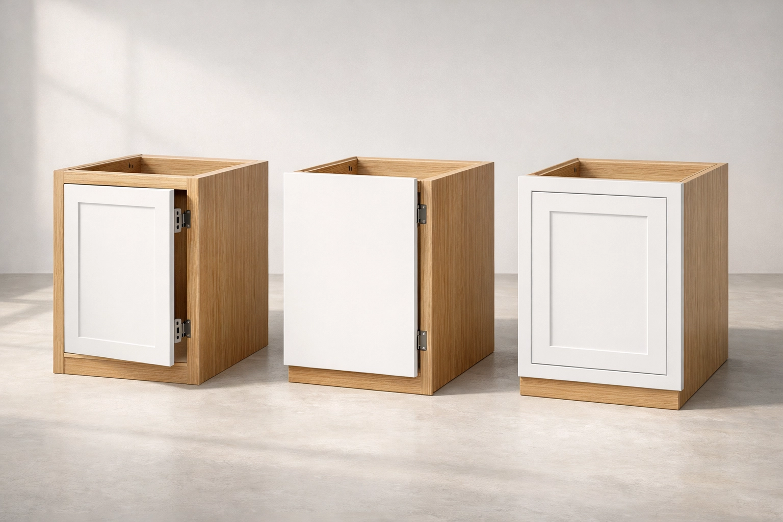 Cabinet construction comparison showing face frame, frameless, and inset custom cabinets for kitchen remodel design and custom kitchen design planning.