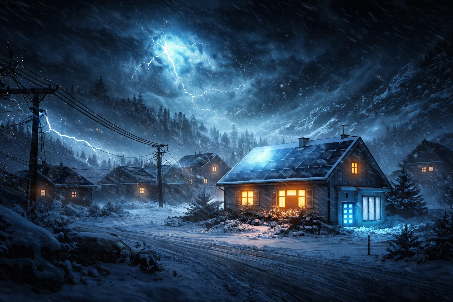 A winter storm leaves a neighborhood powerless except one home with off-grid solar energy glowing warmly, showing resilience during outages.