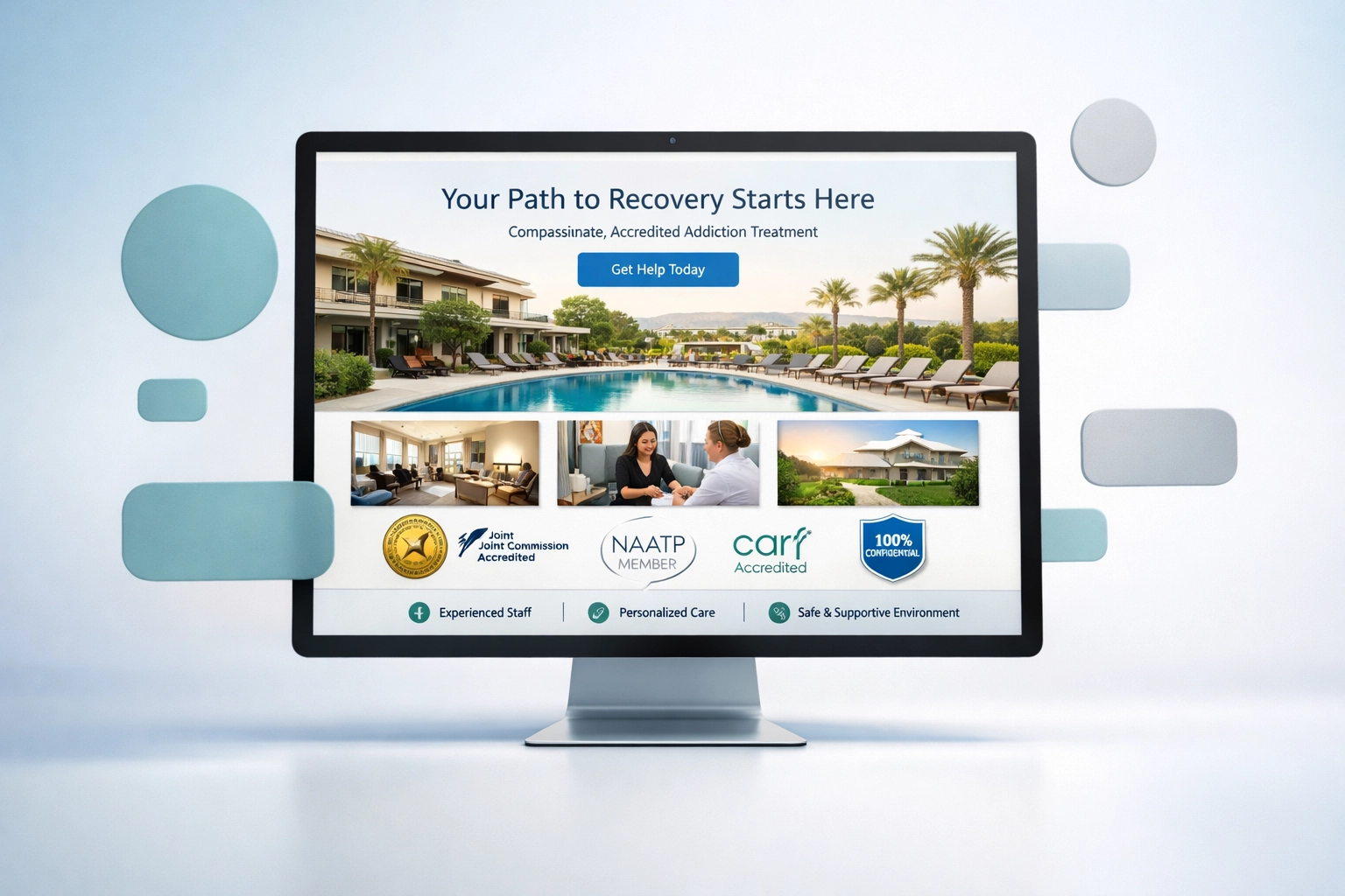 Professional rehab facility website displaying trust signals and credential badges for patient confidence