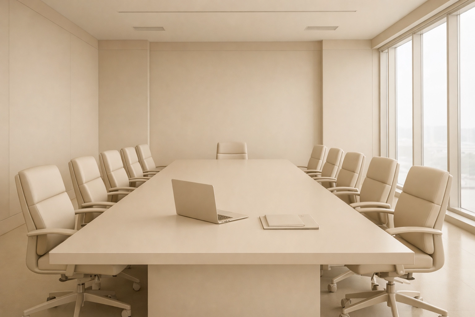 A boring, beige corporate boardroom representing the lack of character in safe, modern brand design.