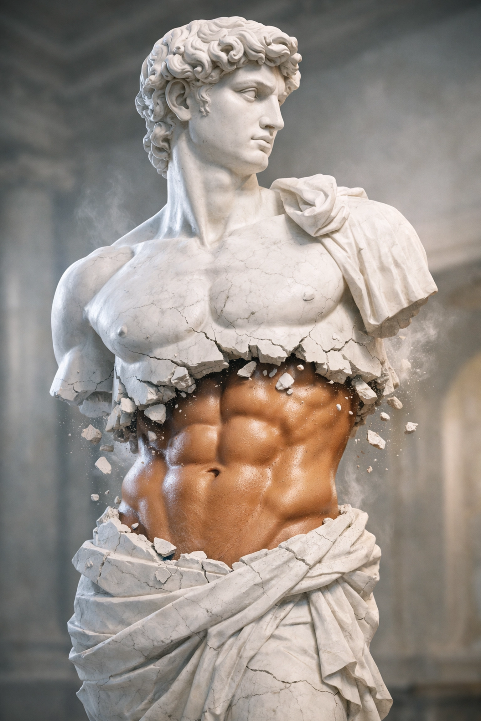 Classical sculpture of a man's physique transitioning into a real body with a defined Adonis Belt.