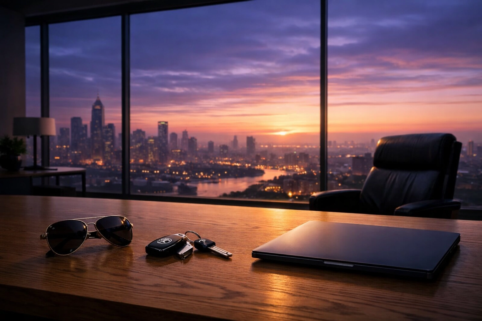 An executive desk and city skyline representing a successful exit and sale of a property management company.