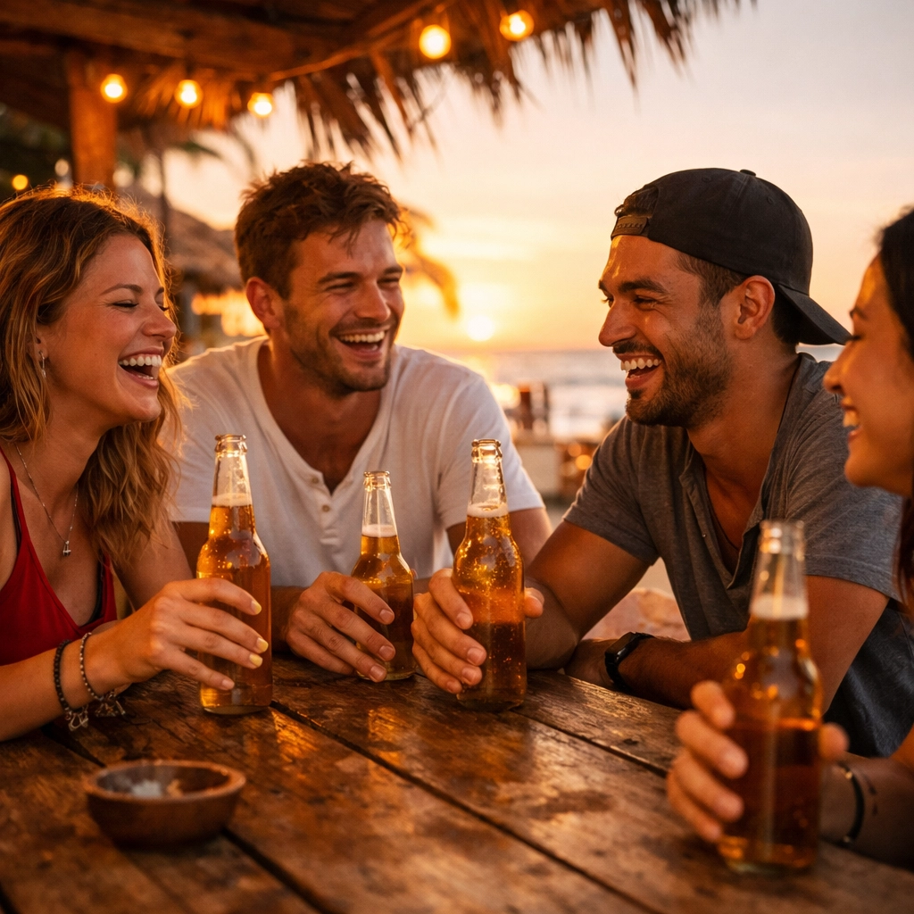 Dive buddies enjoying drinks and sunset at a Roatán beach bar after diving.
