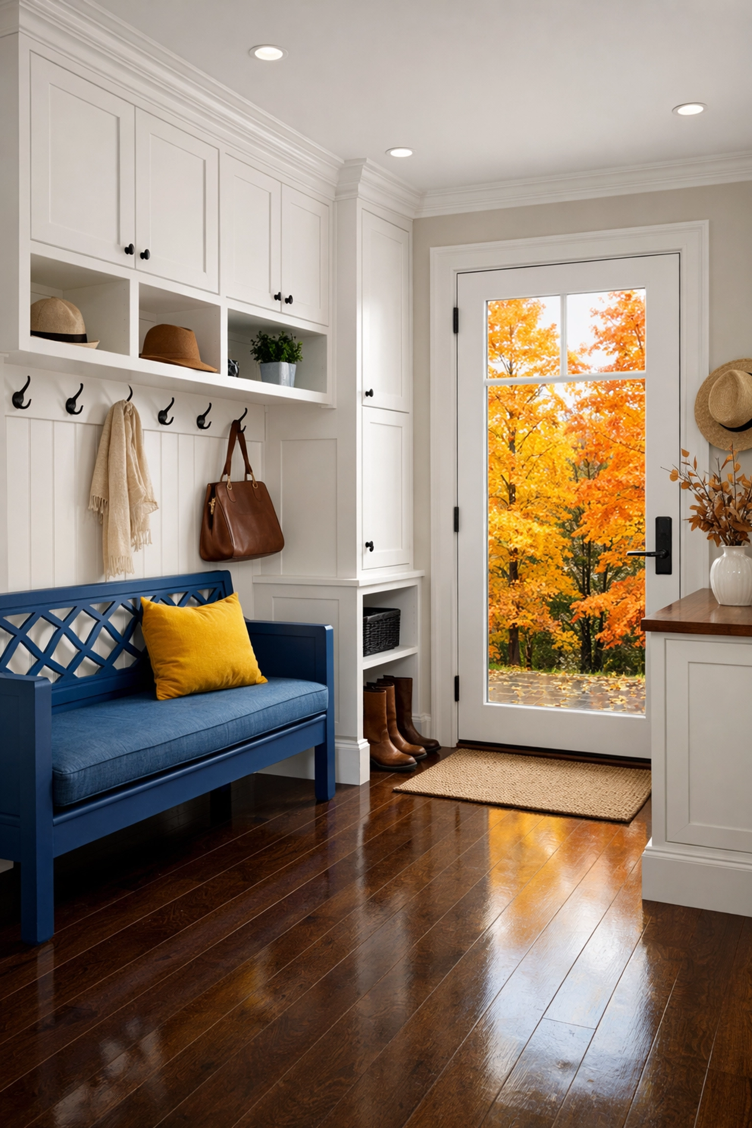 Spotless Bolton entryway with white cabinetry and dark wood floors cleaned for the autumn season.