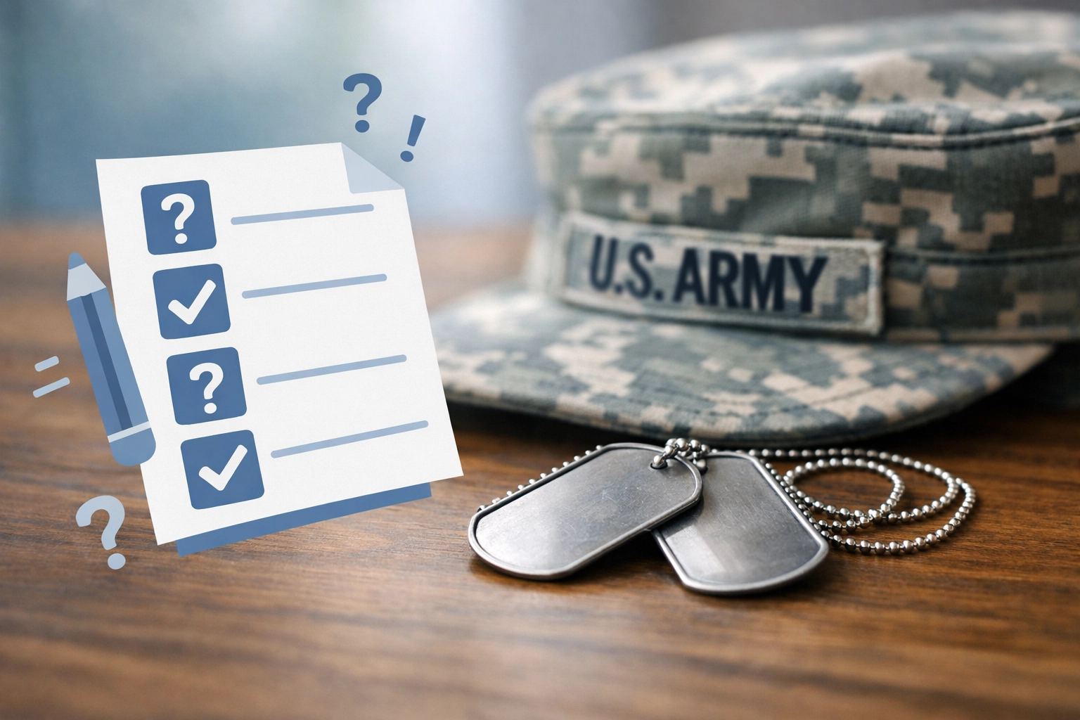 Military dog tags and cap with eligibility checklist representing veteran status verification challenges