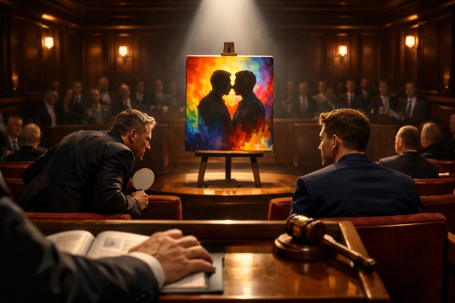 Art auction scene in MM romance: painting spotlight moment exploring worth and vulnerability