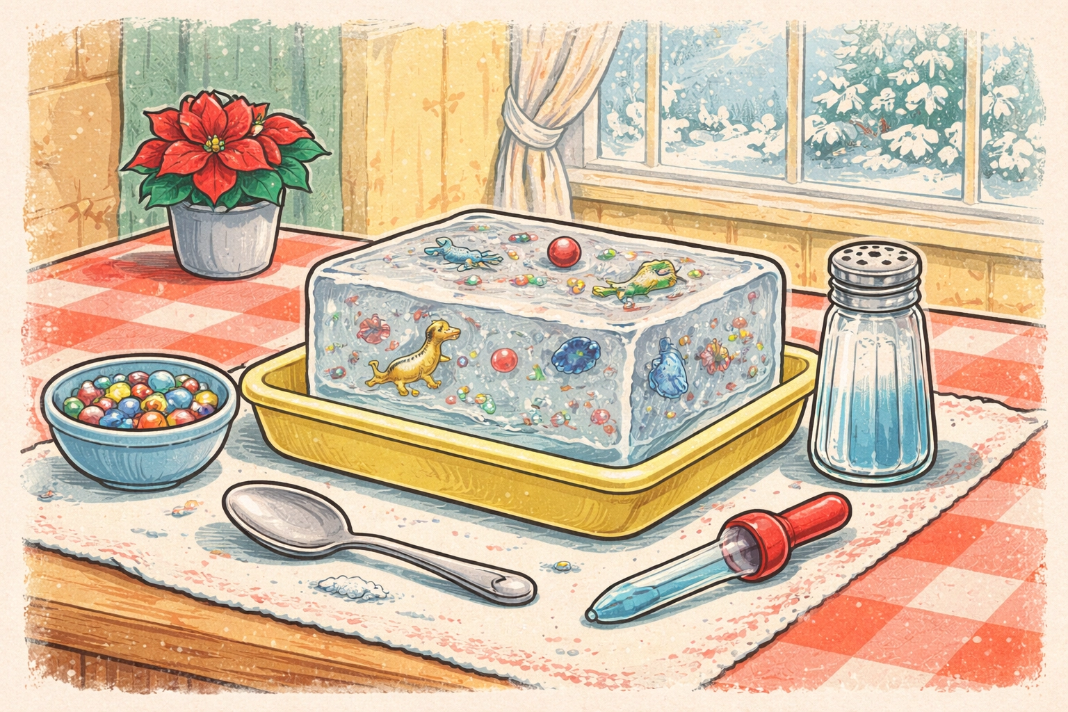 Two children digging into an ice block with spoon and squeeze bottle during a cooperative kids ice excavation activity