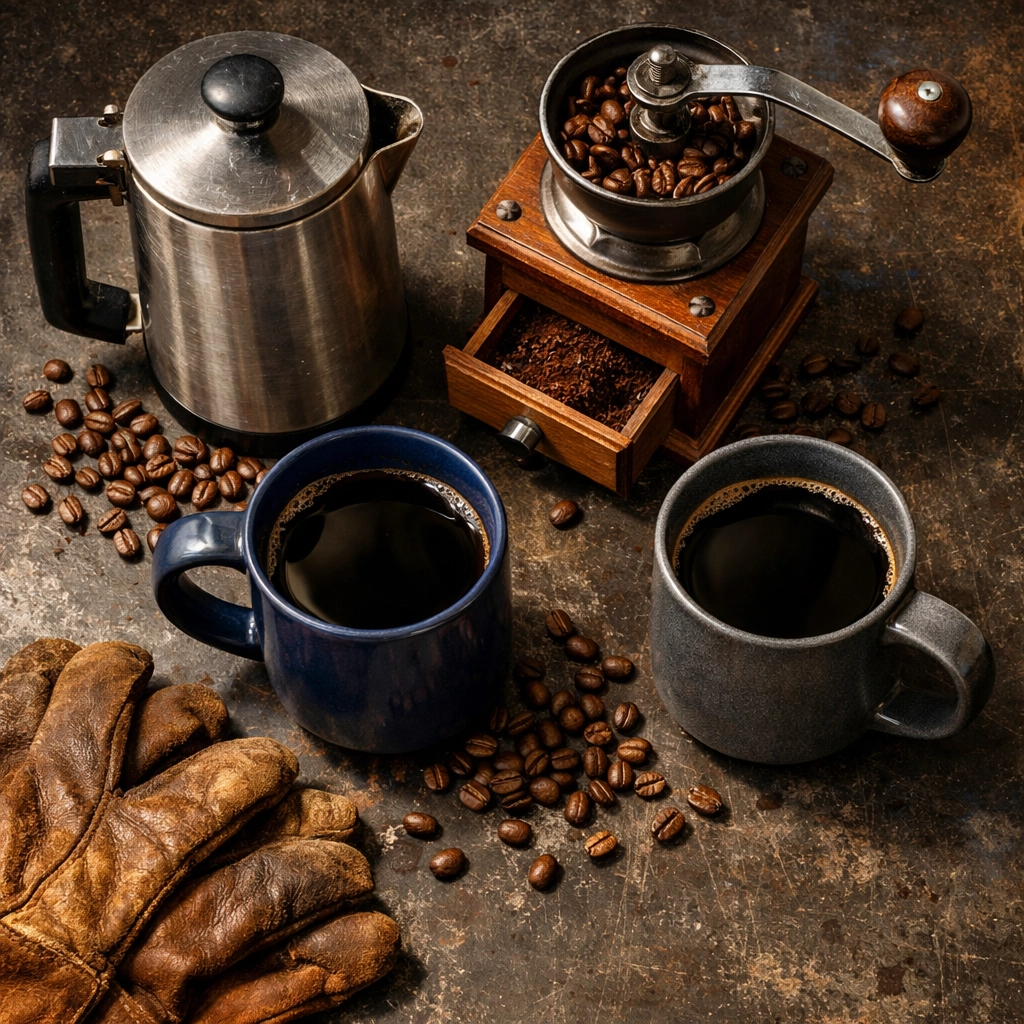 Industrial flat lay of coffee brewing tools, a French press, and roasted beans on a metal workbench.