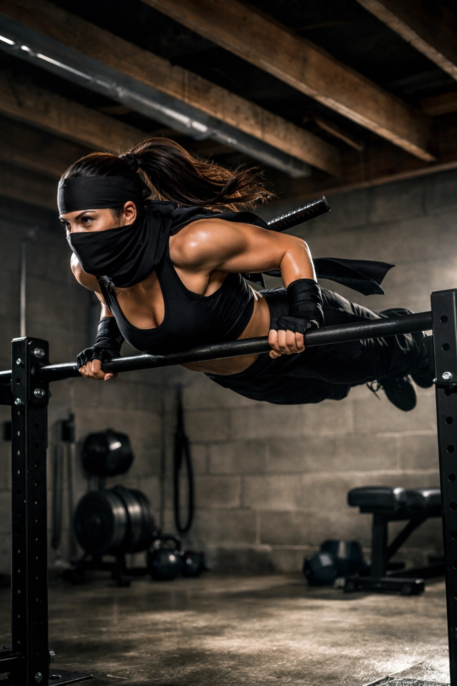 Female ninja warrior athlete executing muscle-up on pull-up bar in home garage gym