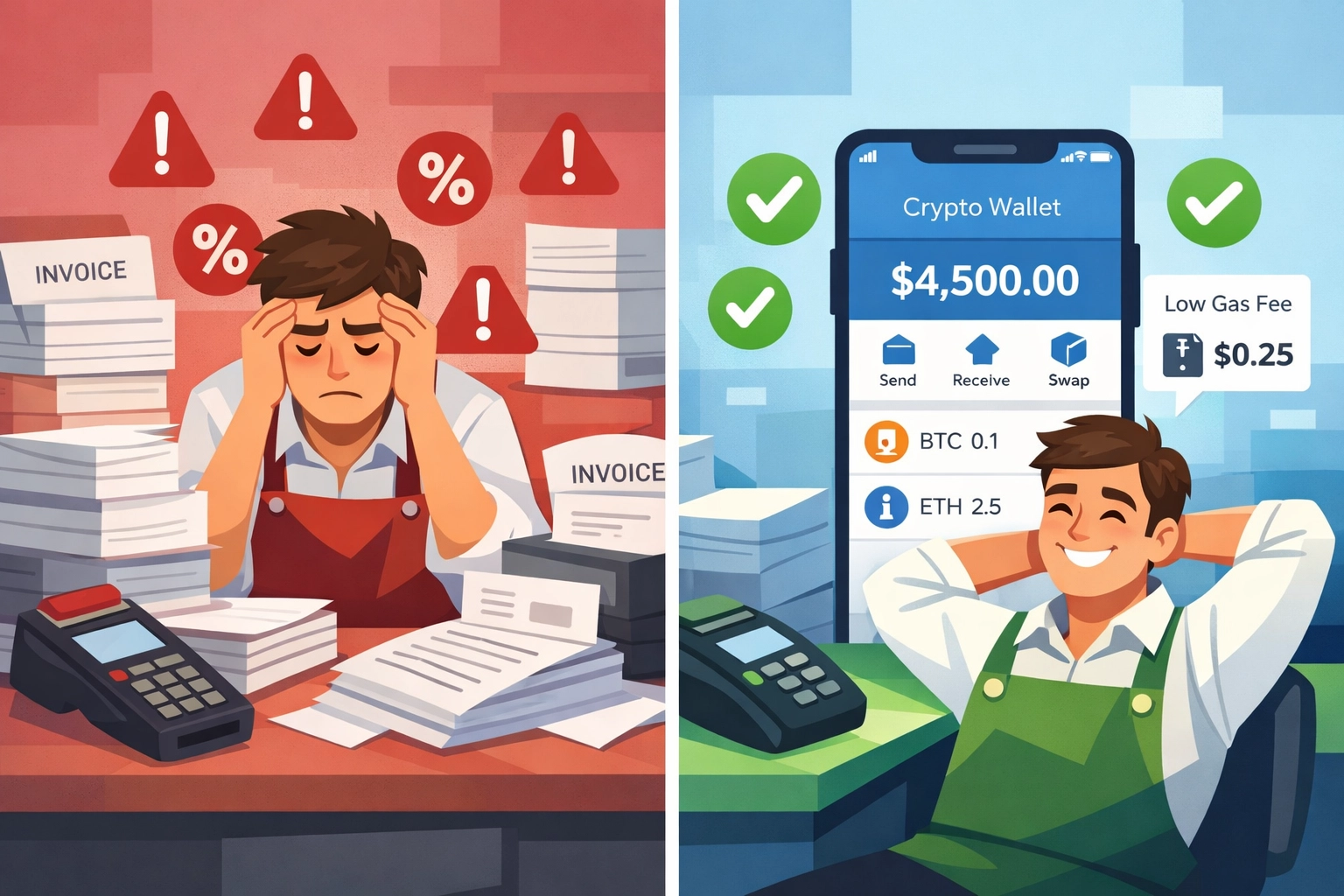 Merchant comparing traditional payment processing fees versus low-cost crypto wallet settlement