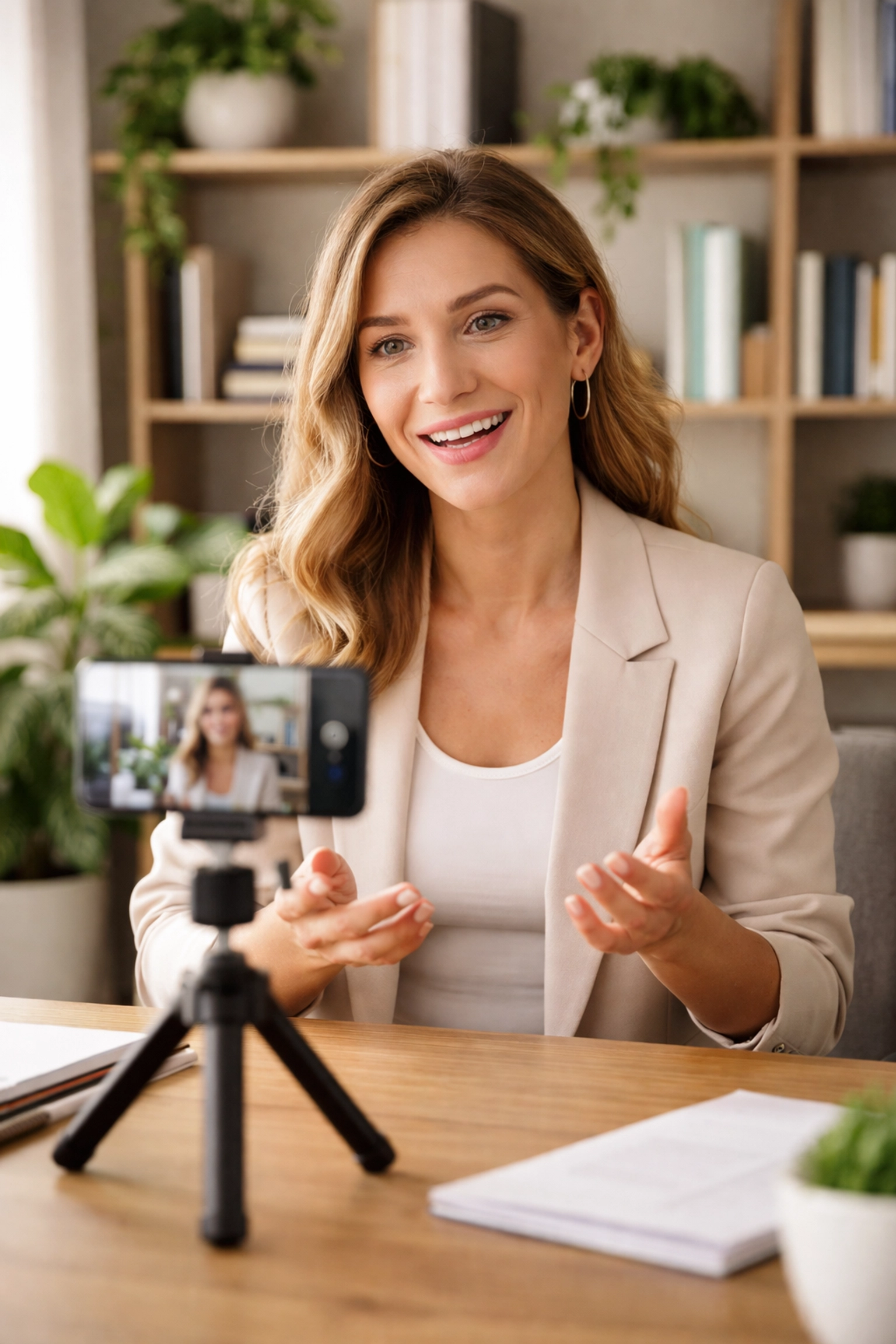 Businesswoman building personal brand on video at home office, demonstrating low-cost business promotion strategies