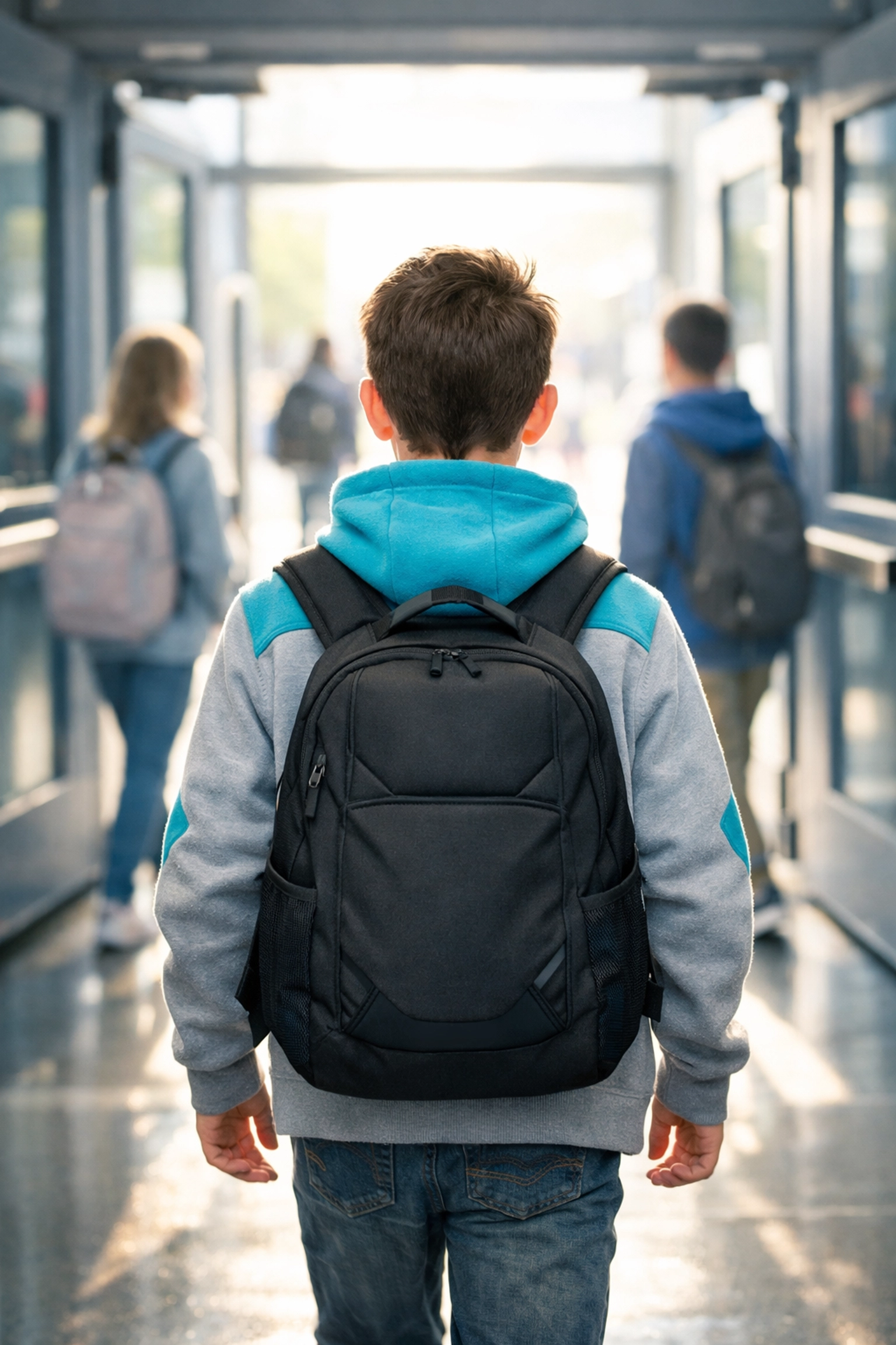 Student confidently walking to school in stylish weighted hoodie for sensory regulation
