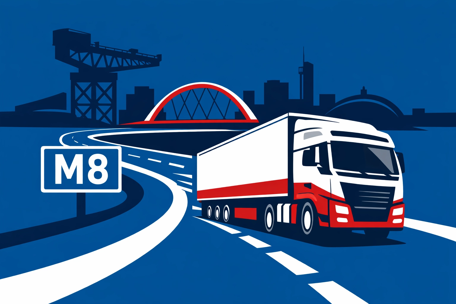 HGV truck driving on the M8 motorway near Glasgow representing local ADR driver jobs in Central Scotland.