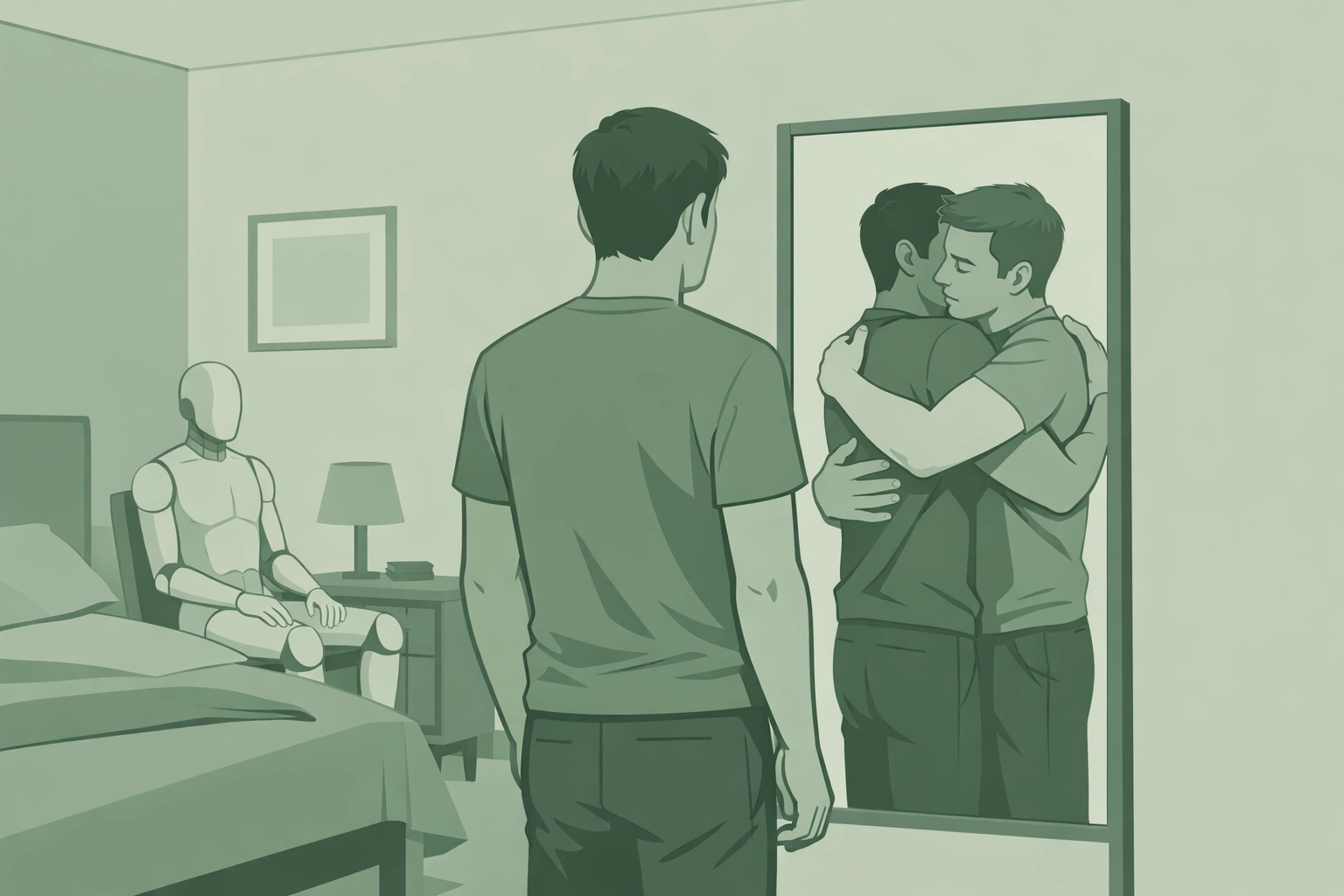 Gay man's mirror reflection shows true desire for human embrace over synthetic companionship