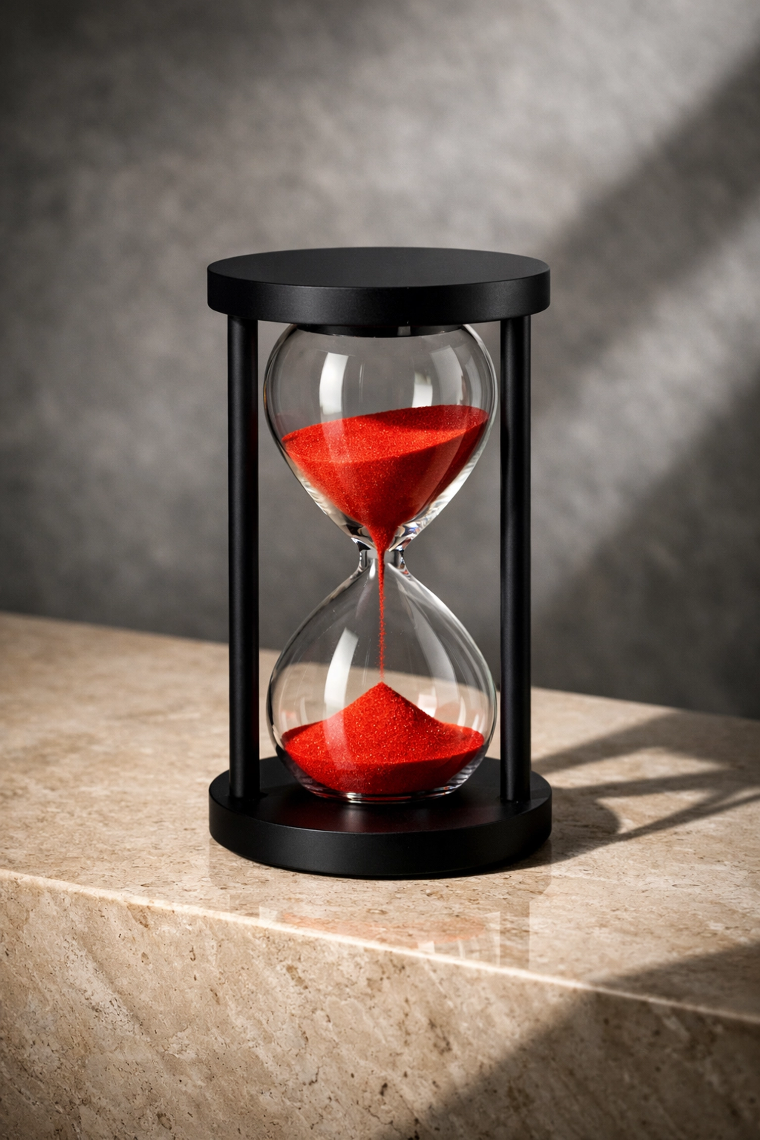 A minimalist hourglass with falling red sand representing the long-term financial impact of seller concessions.