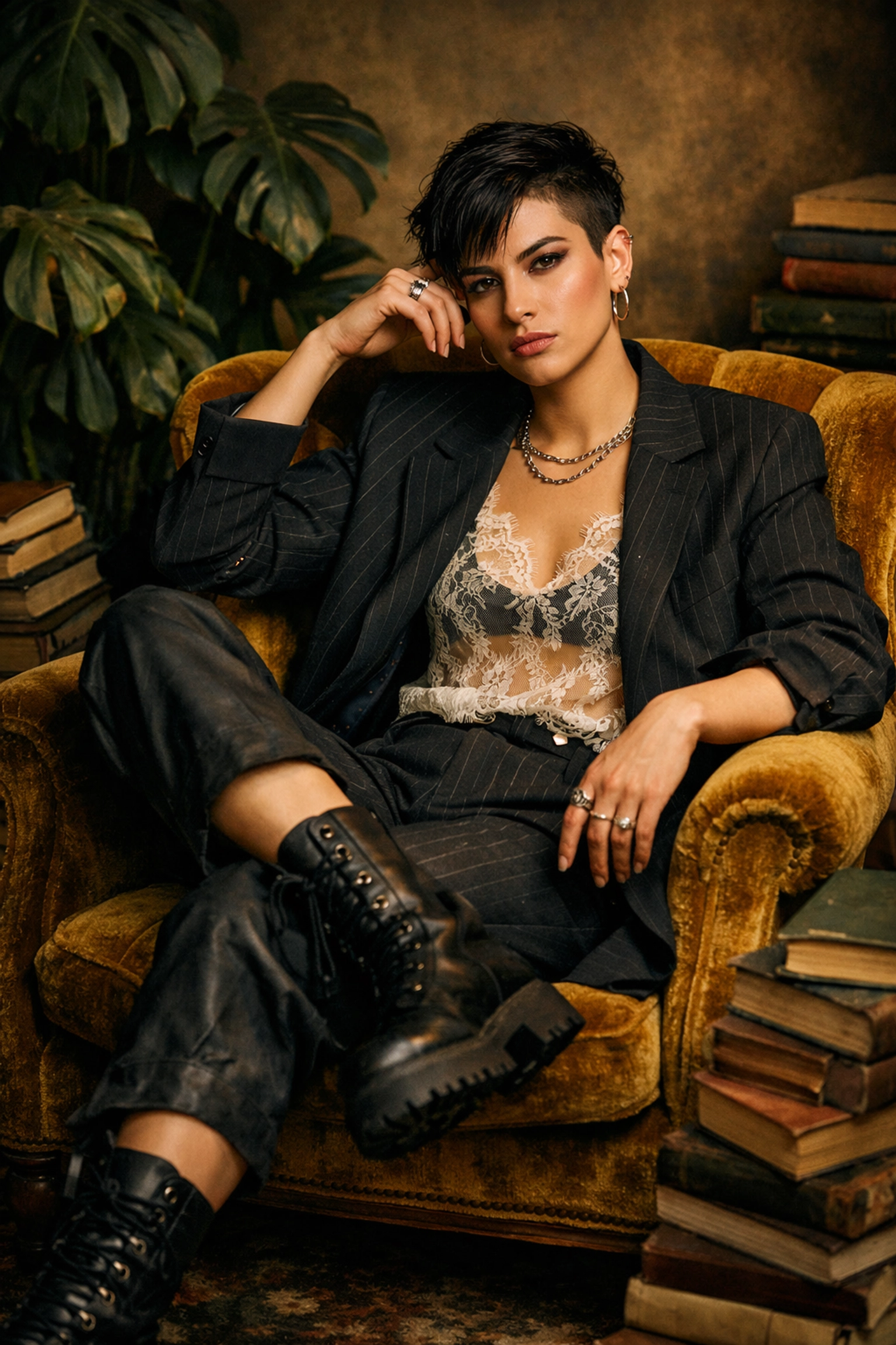 A non-binary person in creative gender-neutral attire posing in a vintage book-filled room.