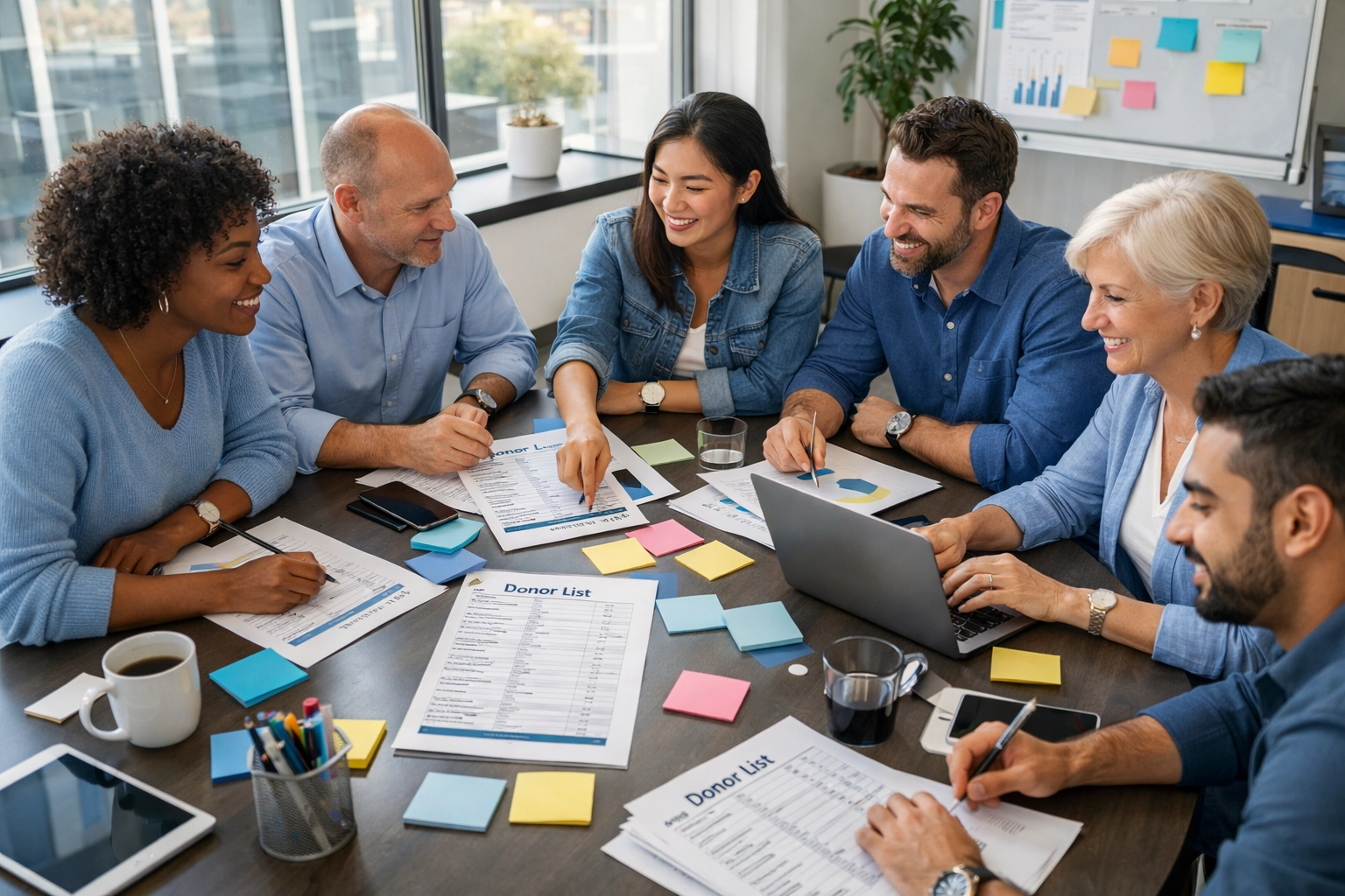 Nonprofit team planning donor outreach strategy with lists and laptops