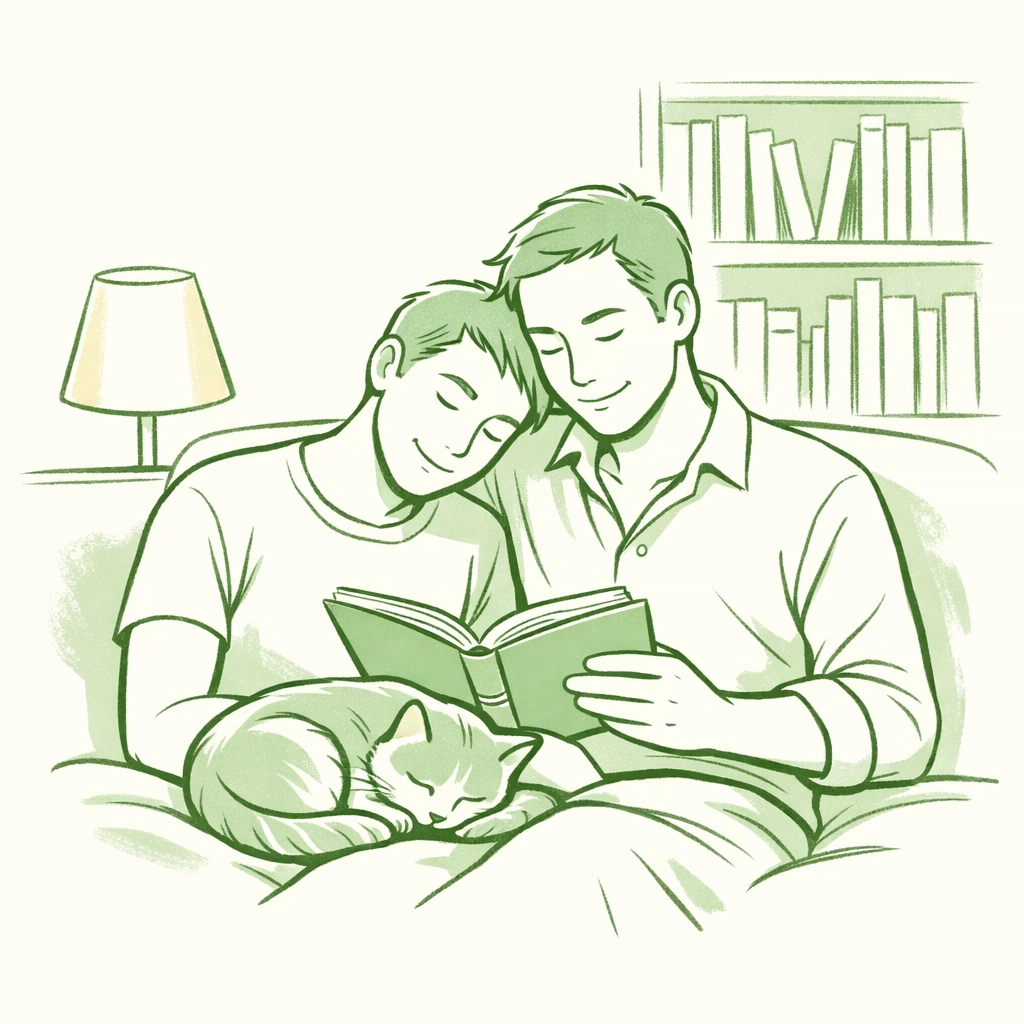 Gay couple reading LGBTQ+ literature together with cat at home