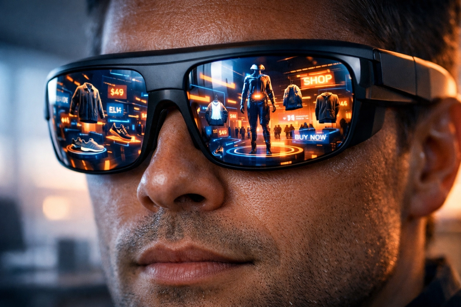 AR glasses reflecting a digital marketplace for immersive metaverse shopping and Web3 payments.