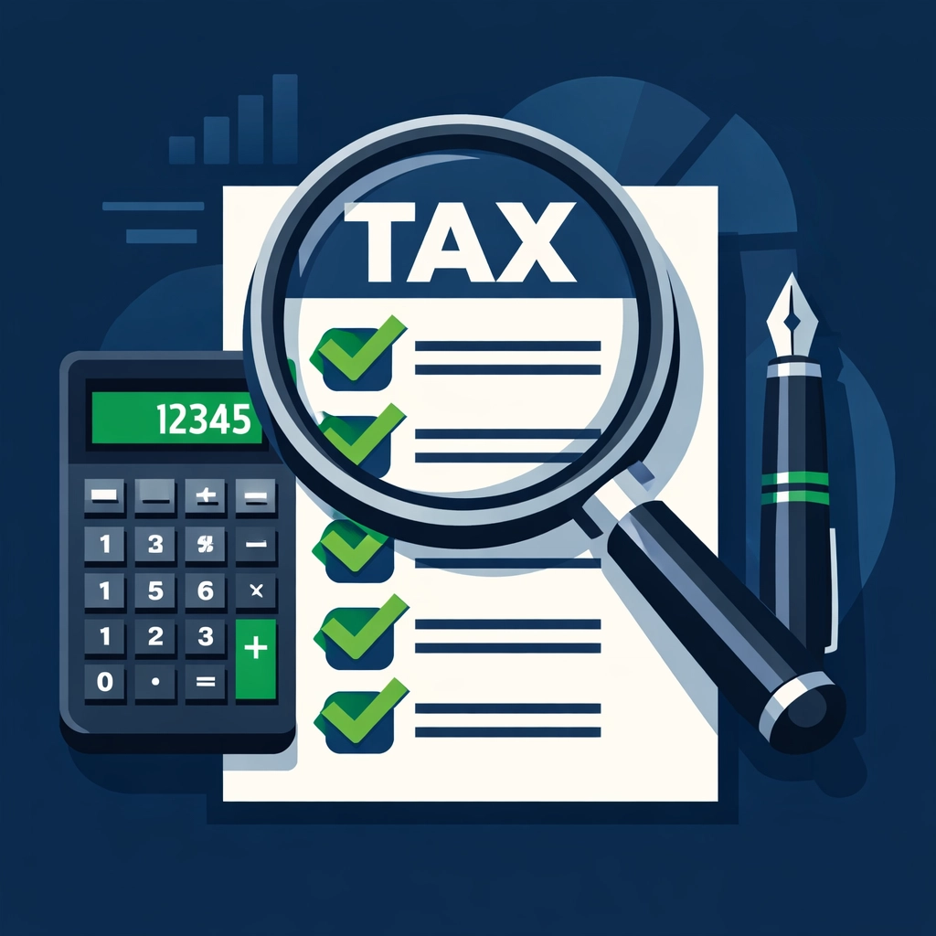 A magnifying glass over a tax checklist highlighting the accuracy of a concierge tax pro review.