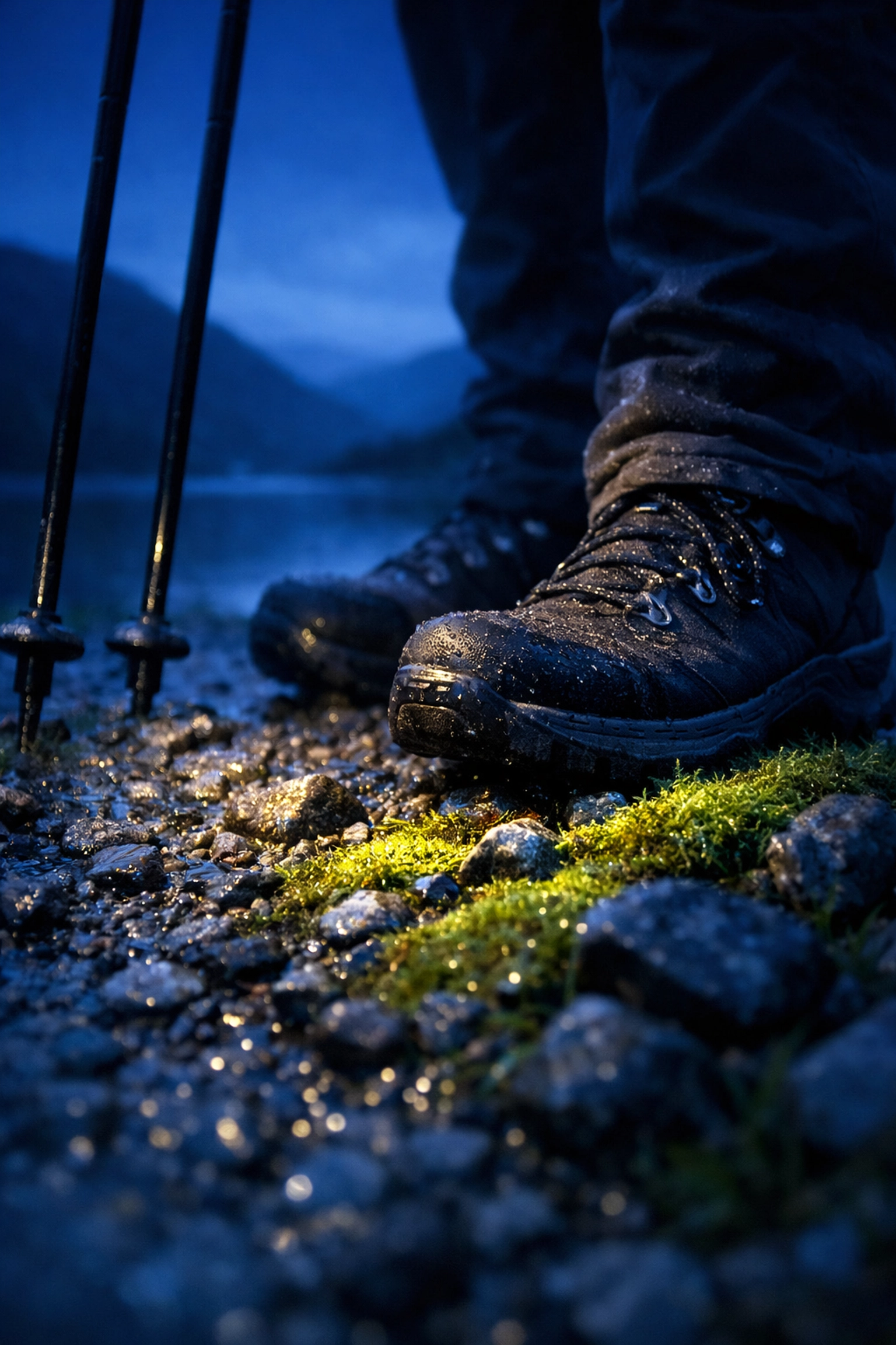 Hiking boots and poles on a misty dawn path starting a guided walk in the Lake District.