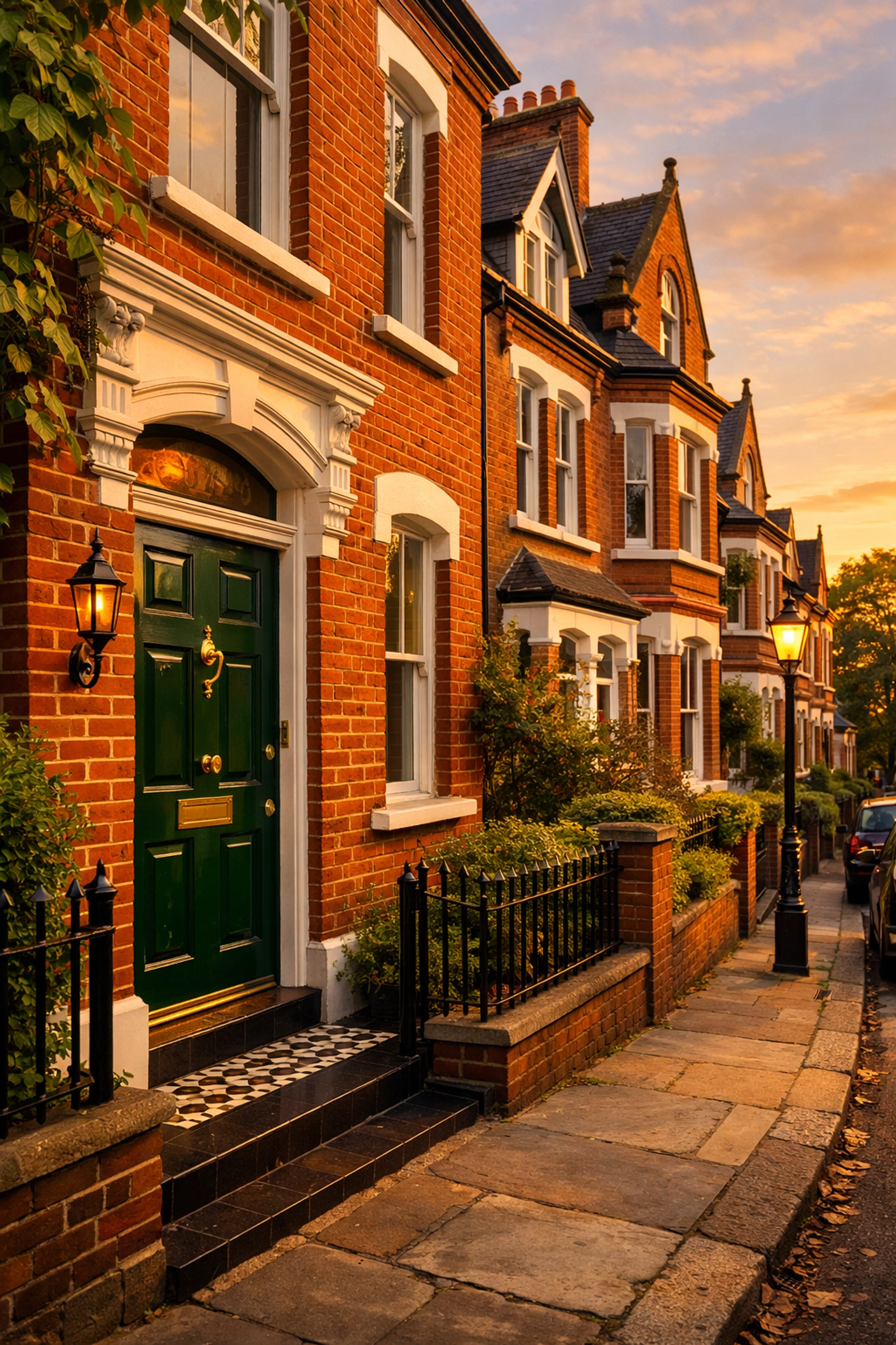 Exterior of a beautifully renovated Victorian red-brick house on a leafy Highgate street.