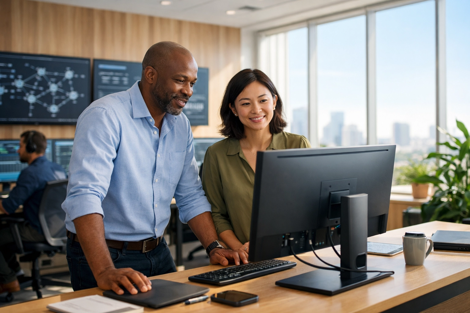 IT specialists collaborating on ServiceNow ITOM and ITAM strategies in a modern operations center.