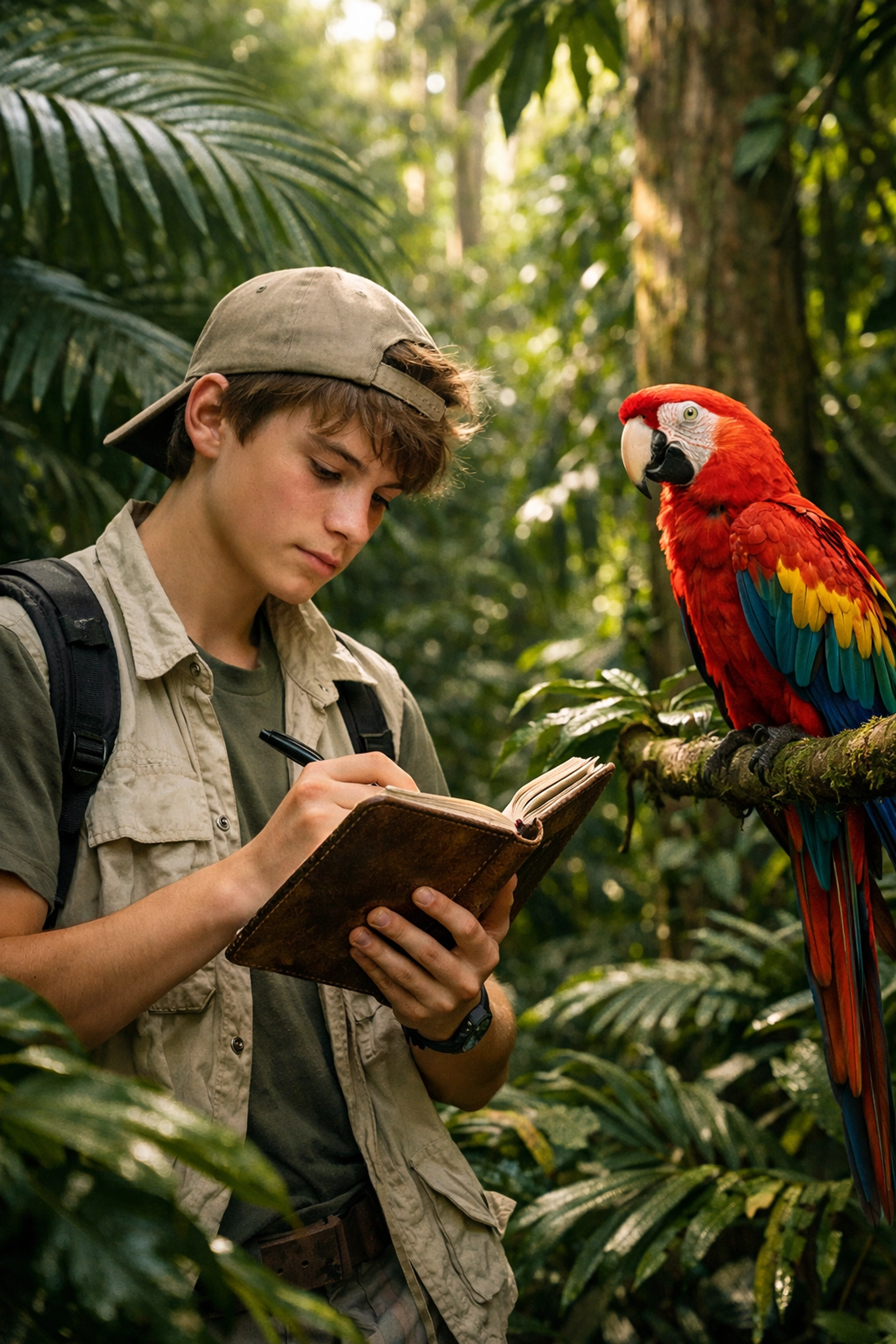 Student researcher recording observations in the Amazon rainforest during a Peru science and language school trip.