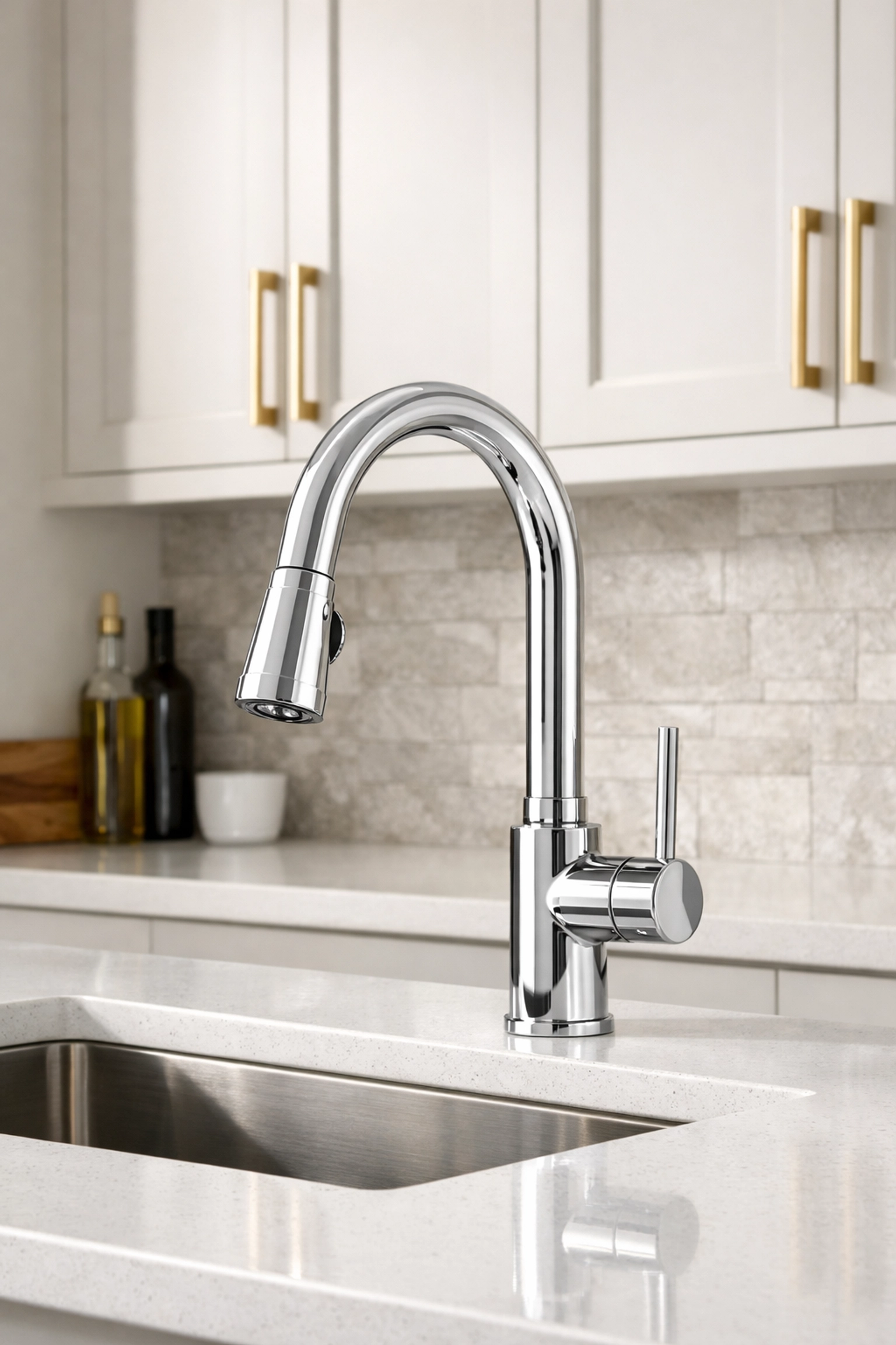 Modern kitchen remodeling Orlando featuring mixed metal chrome fixtures and custom cabinetry with brass handles.